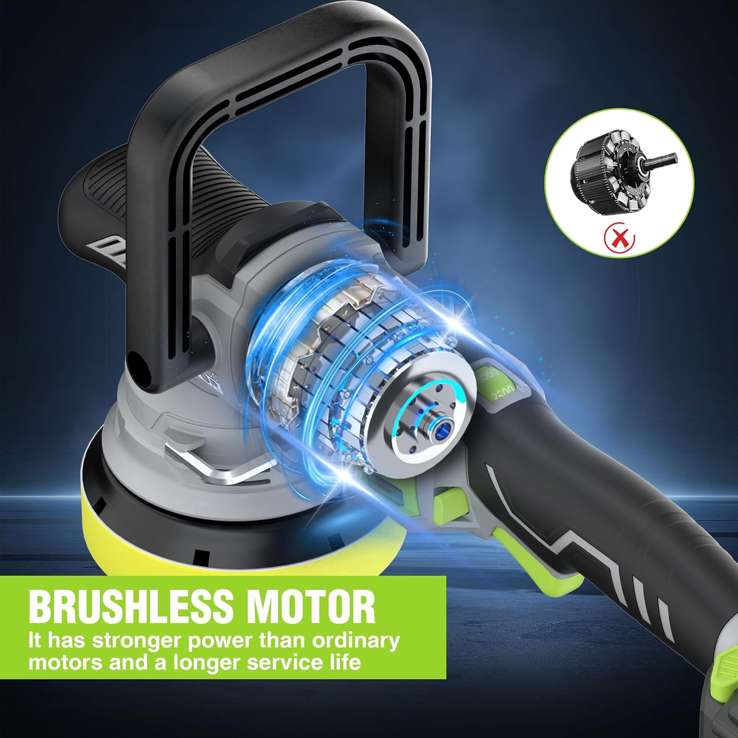 Brushless dual-action buffer polisher showing circular head and blue motor airflow