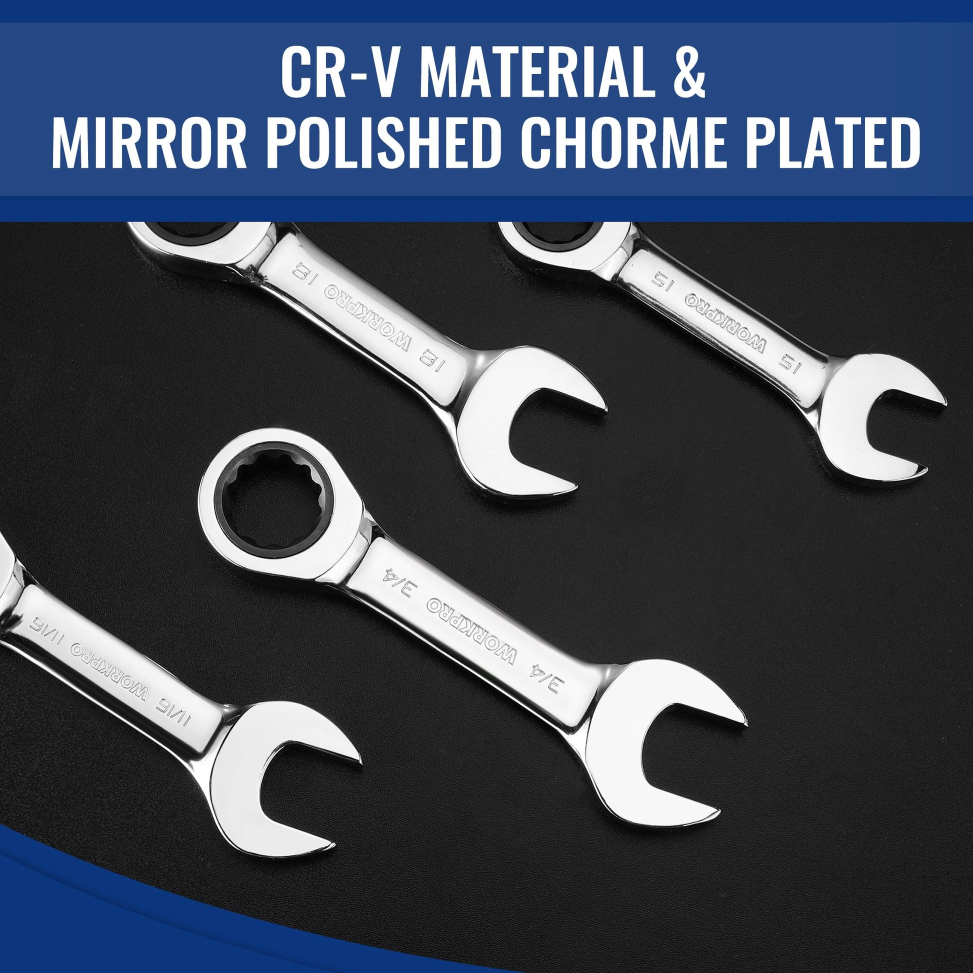 Chrome-plated stubby combination wrenches with visible box-end ratcheting mechanism