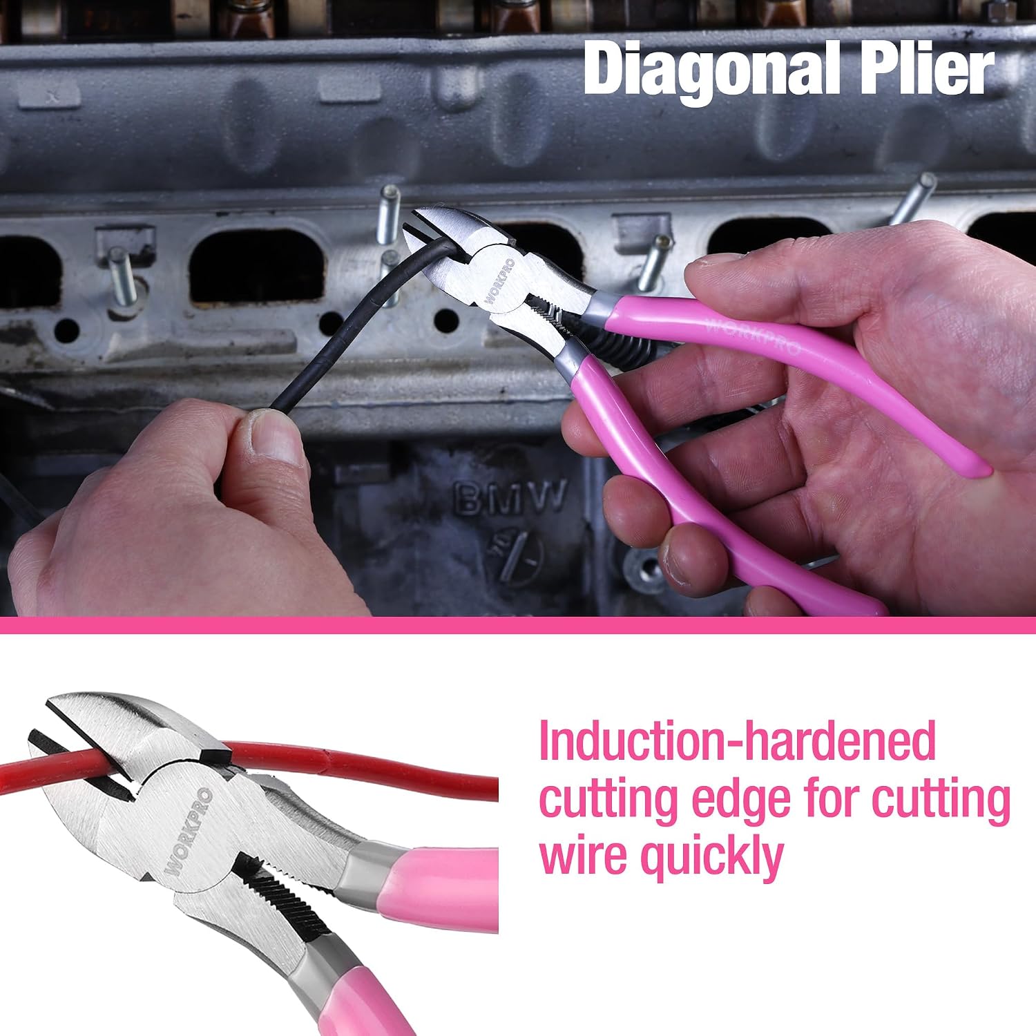 Pink-handled diagonal plier cutting wire near engine components