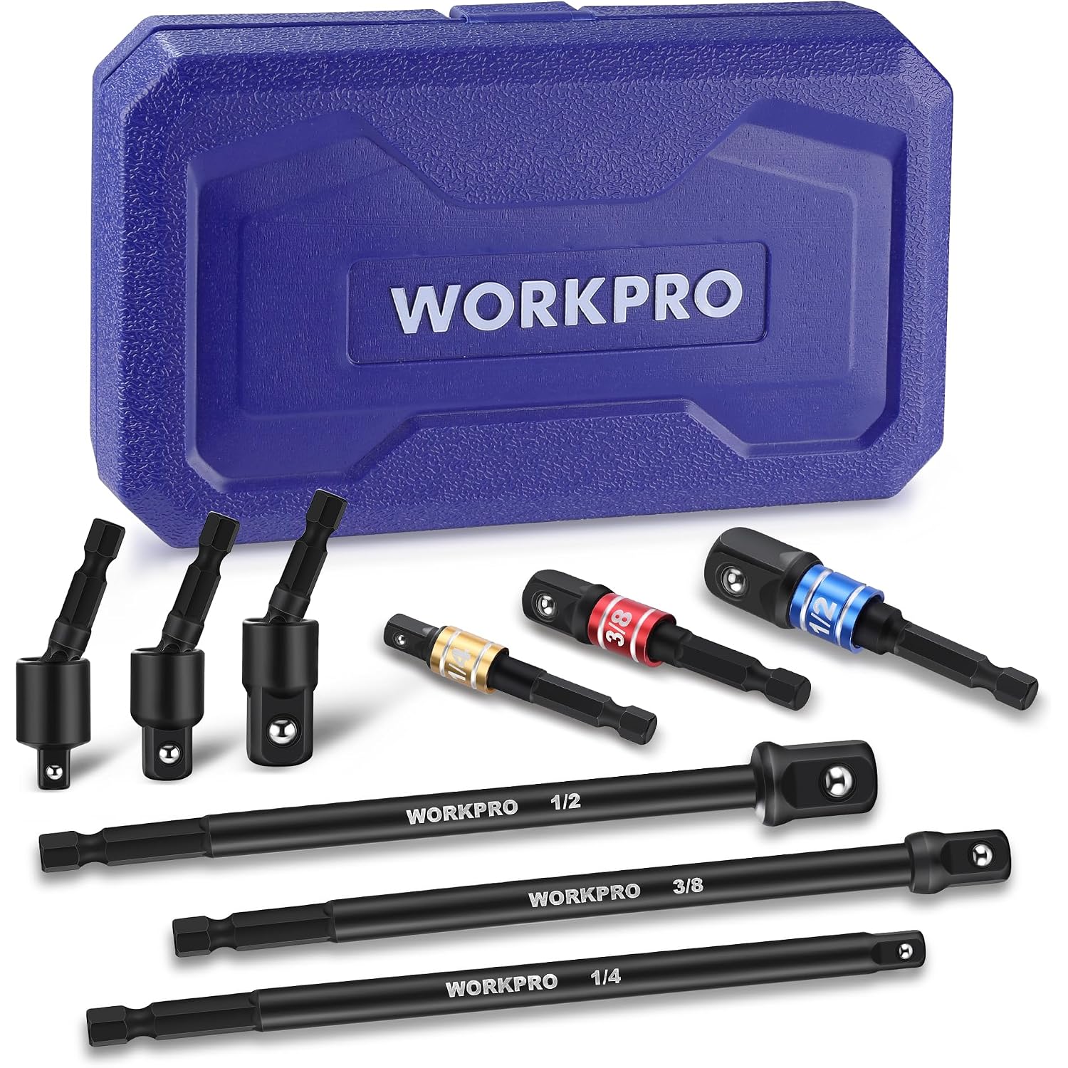 WORKPRO socket adapter set with blue case and black 1/4, 3/8, and 1/2 adapters