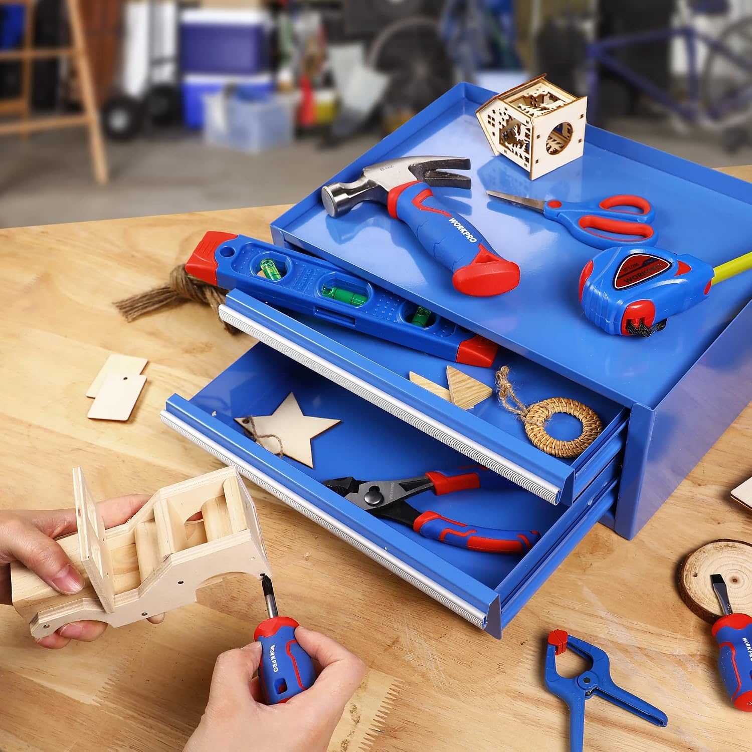 WORKPRO Beginner Kids Tool Set with 12 Inch Steel Tool Case on Wheels, Blue