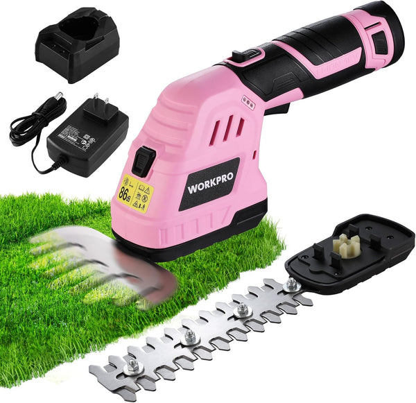 WORKPRO 12V Cordless 2 in 1 Handheld Cordless Grass Shear & Shrubbery Trimmer with 2.0Ah Rechargeable Lithium-Ion Battery &1 Hour Fast Charger-Pink Ribbon