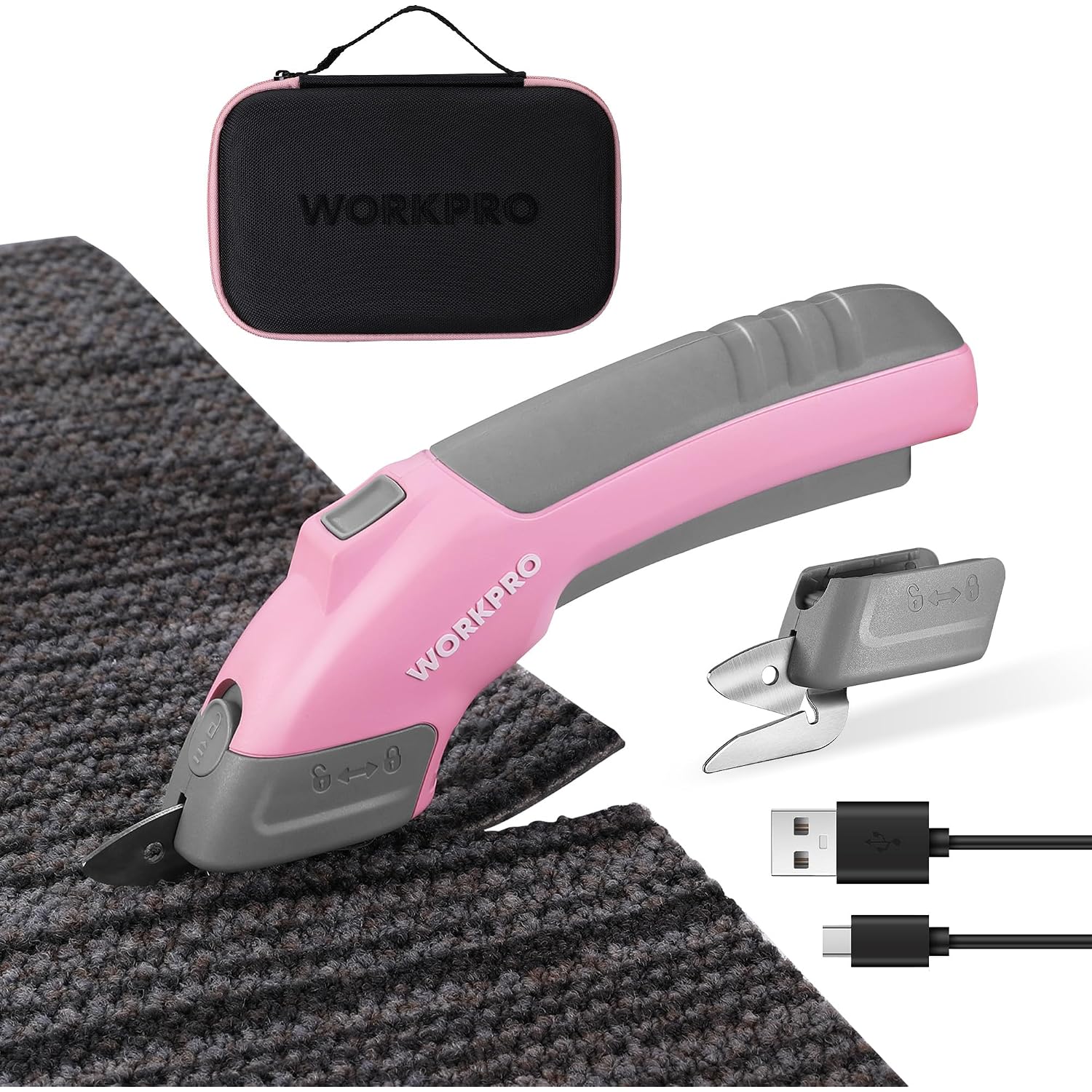 Pink and gray cordless electric scissors with storage case on dark textured fabric