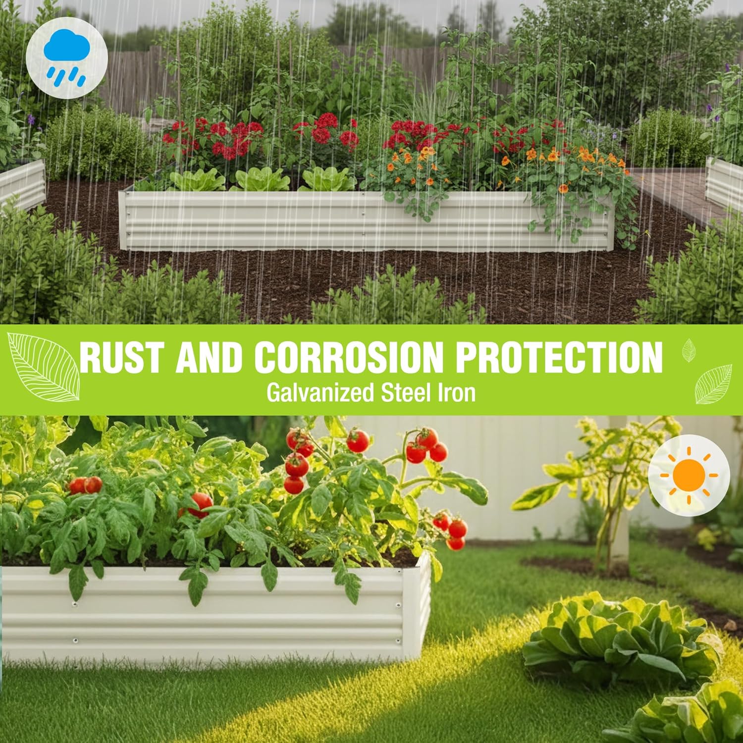 White raised garden bed with colorful flowers in a yard garden setting