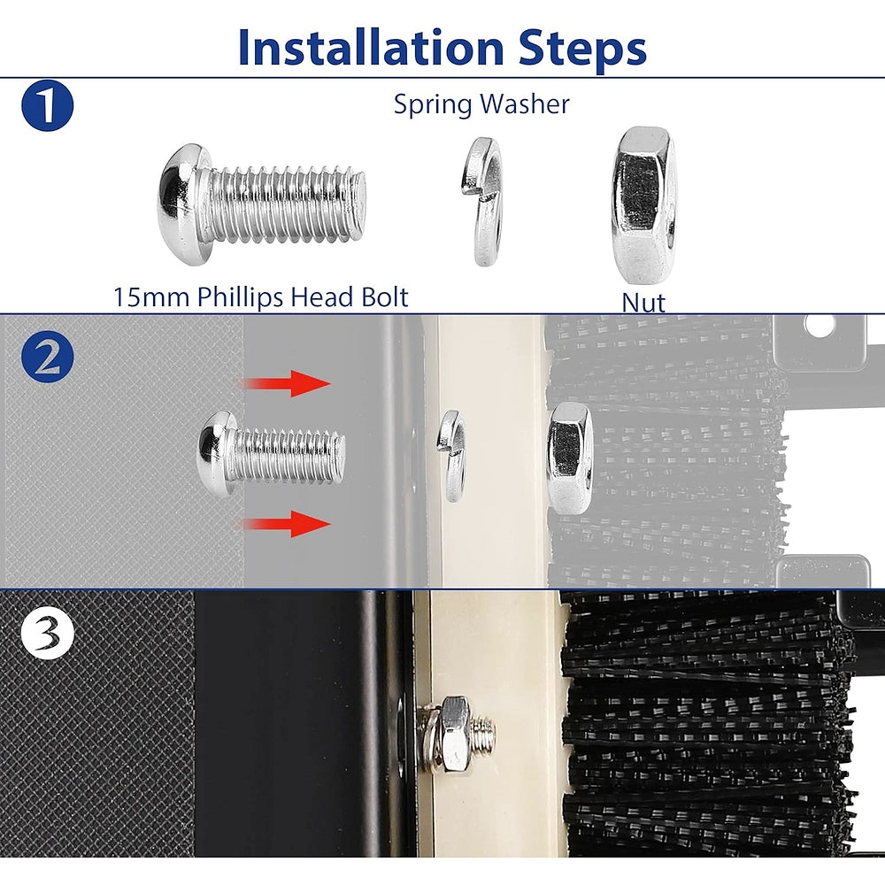 Installation hardware steps for mounting boot scrubber, showing bolts, washers, and nuts