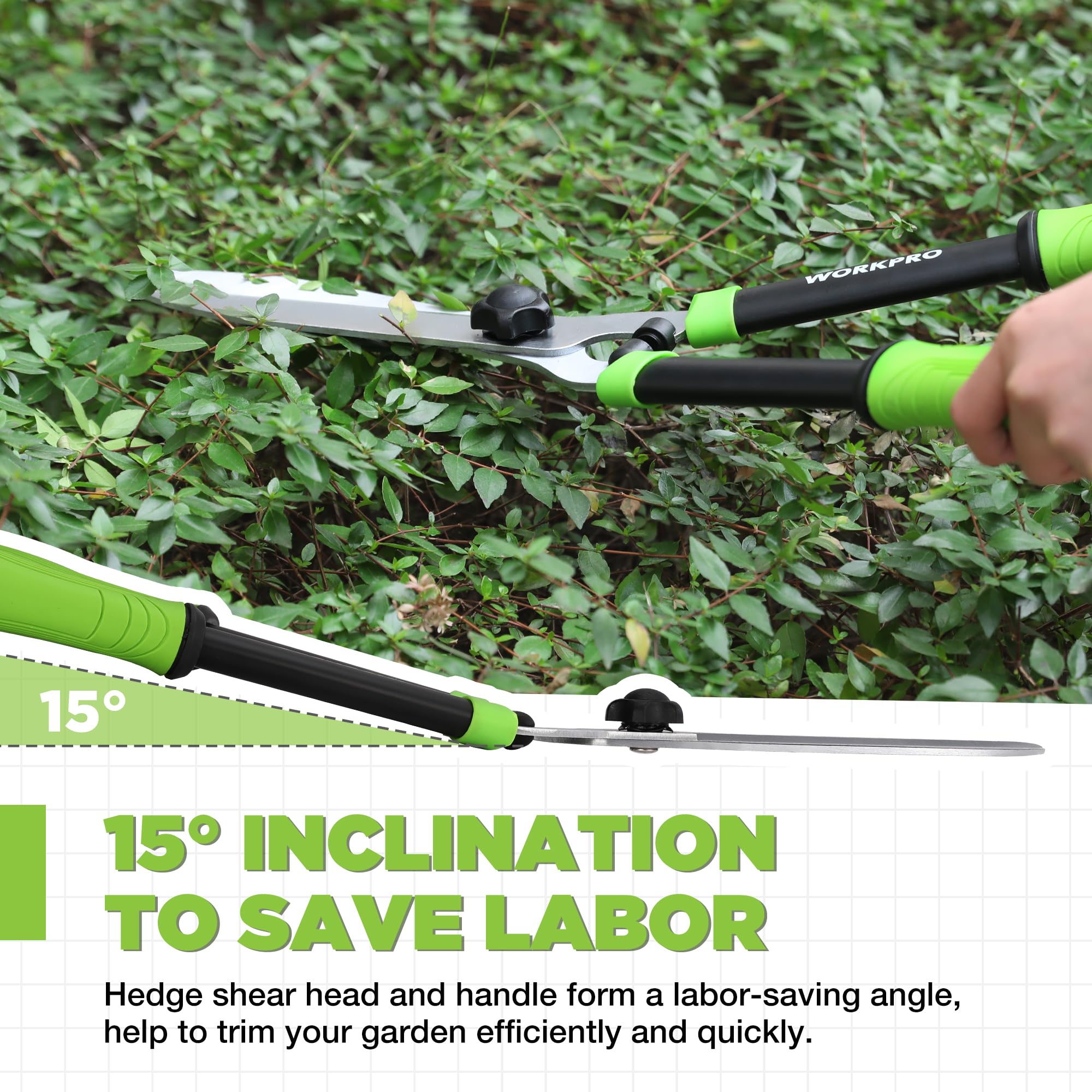 Manual hedge shears cutting through hedge leaves with green grip handles