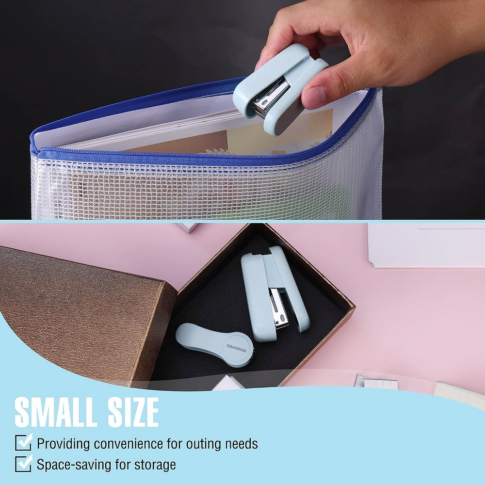 Light blue mini stapler being used on a notebook edge in a mesh organizer