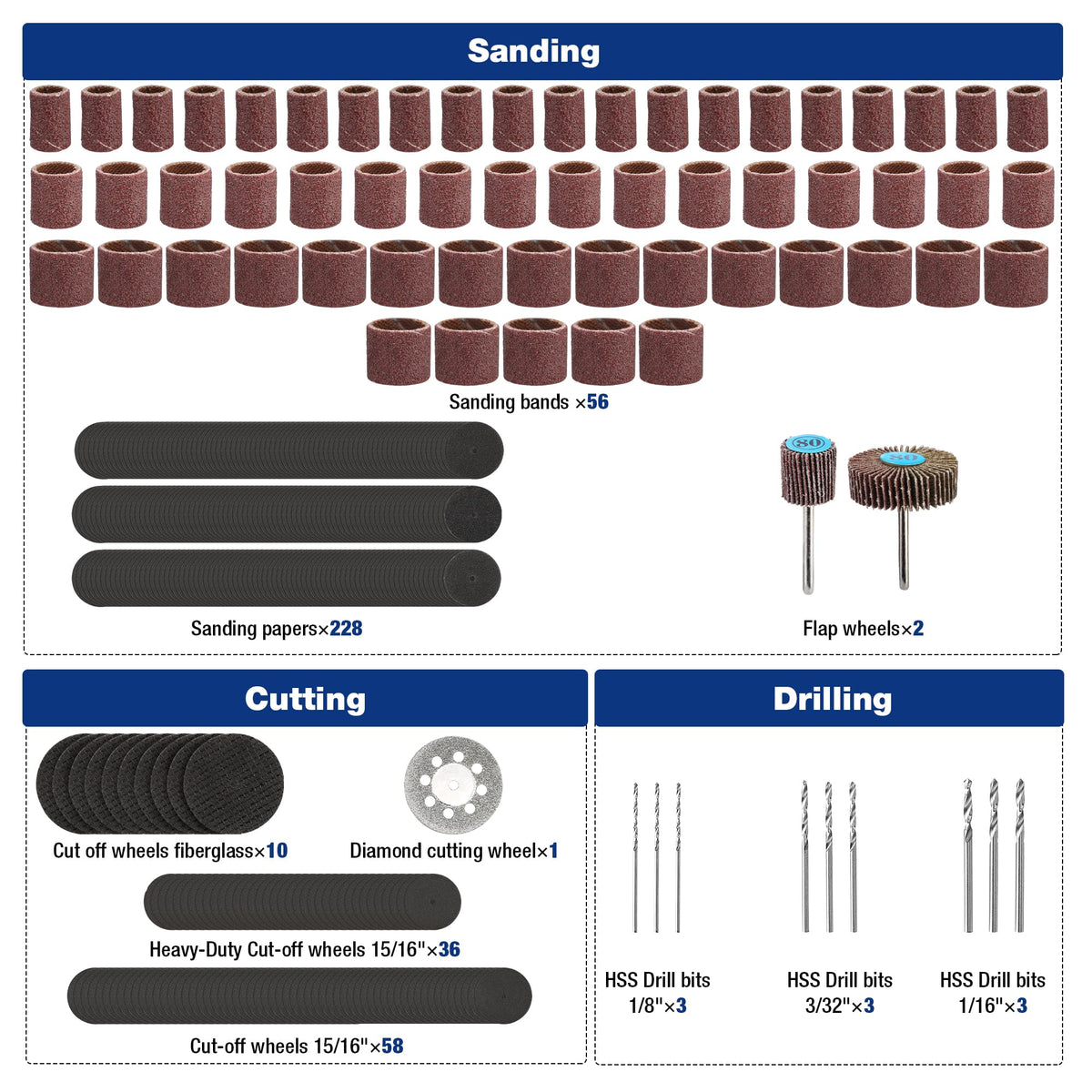 Sanding and cutting accessory set with sanding bands, papers, and drill bits