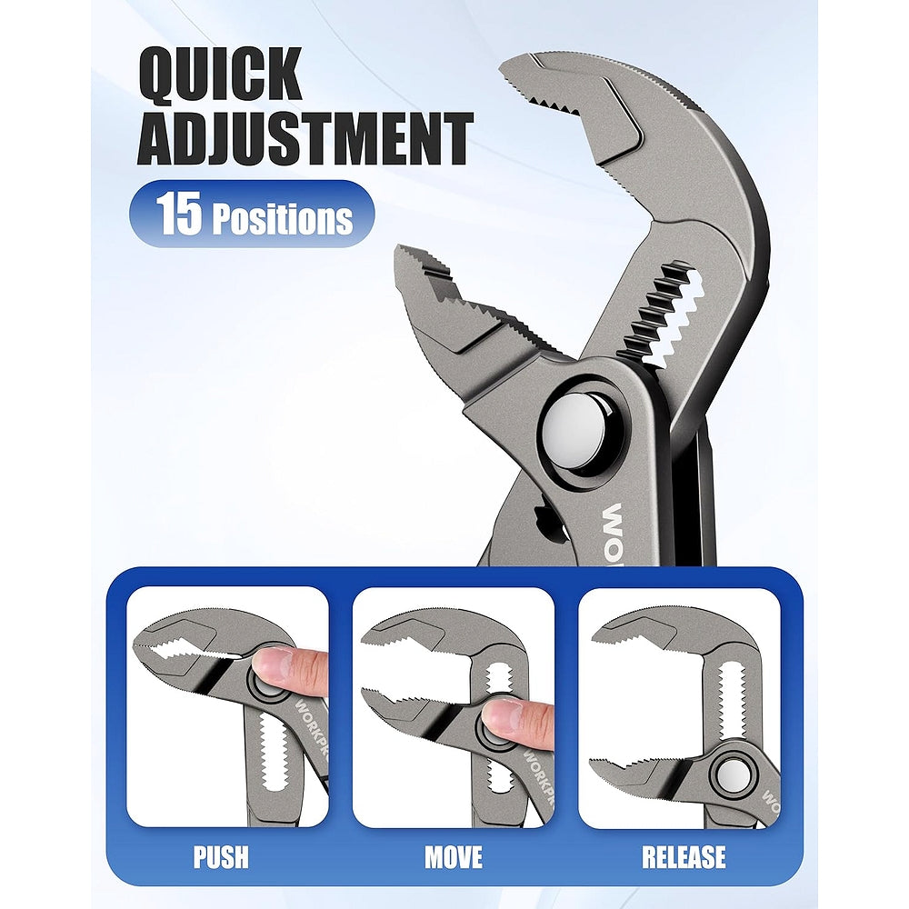 Grey WORKPRO mini water pump pliers showing adjustable jaw positions
