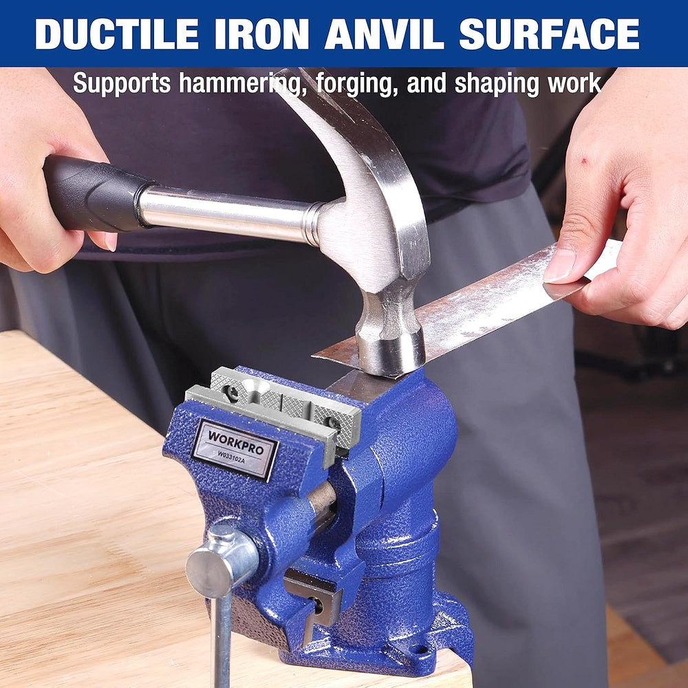 Blue bench vise with flat anvil surface for hammering and shaping work