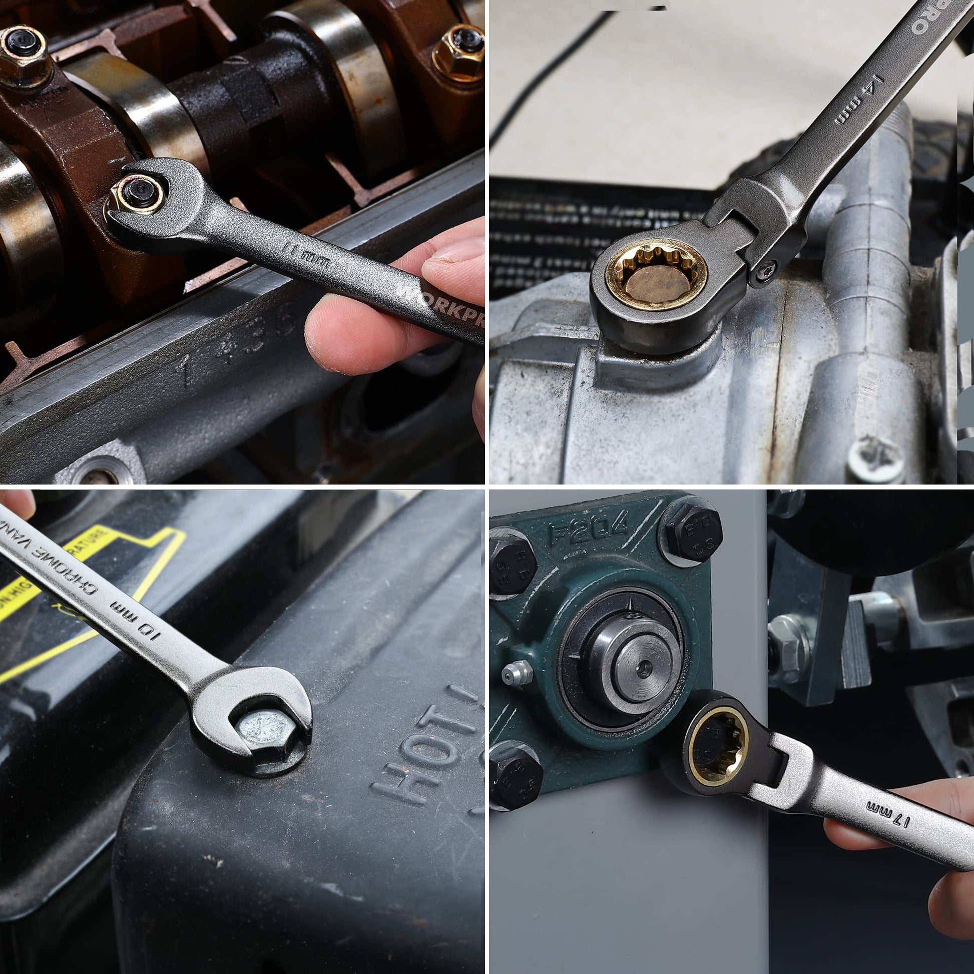 WORKPRO ratcheting wrench in use on machinery bolts and a metal housing connection