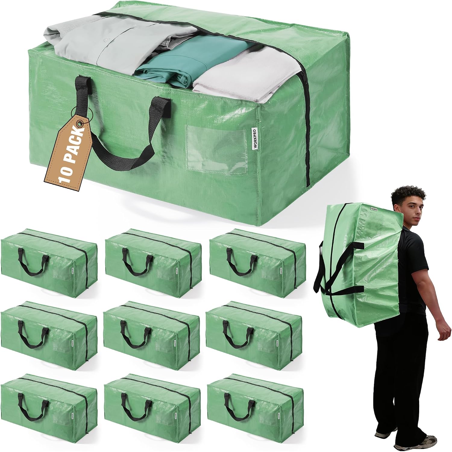 Green extra large moving bags with black U-handle straps, 10-pack shown