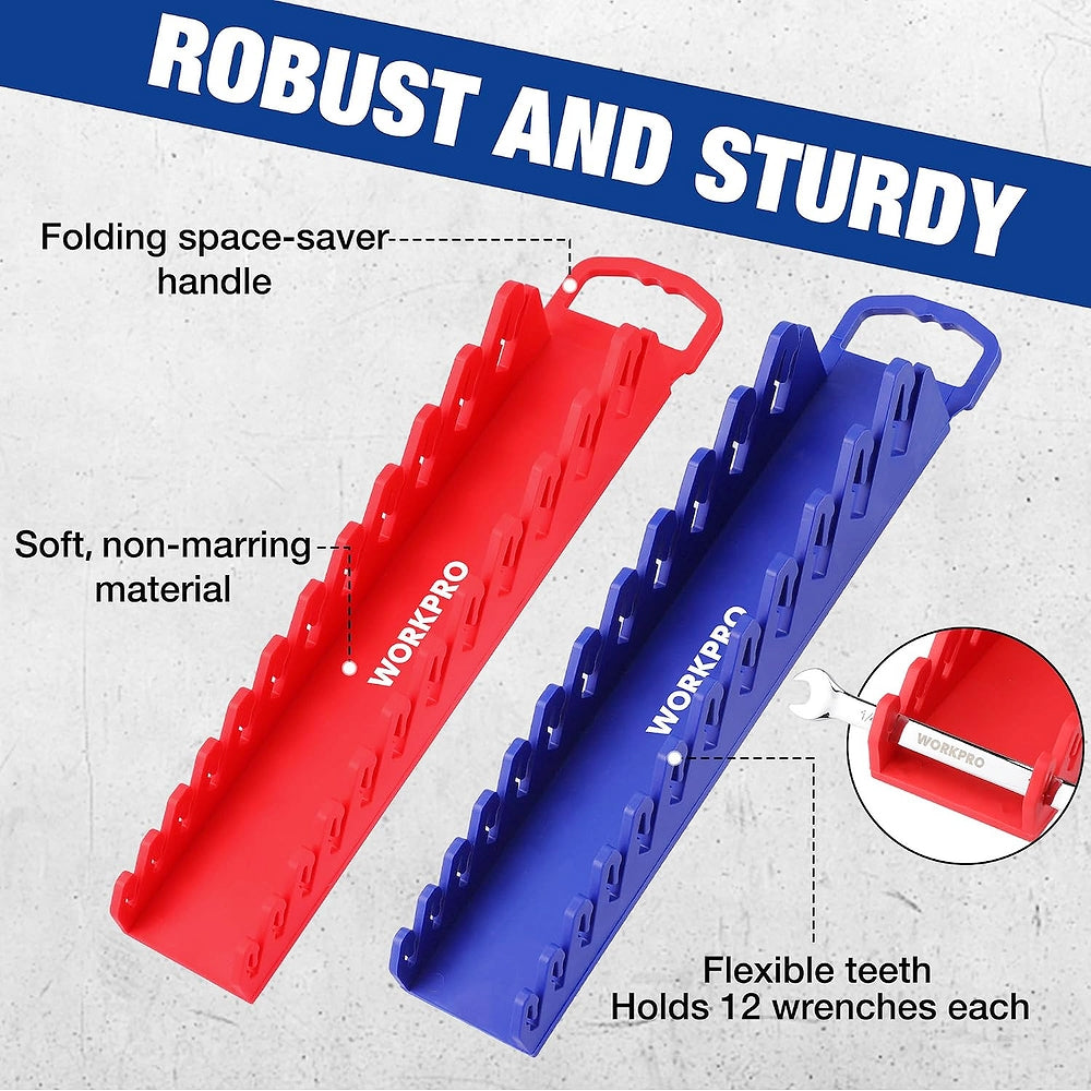 WORKPRO flexible-tooth magnetic wrench organizer holders, red and blue with loop handles