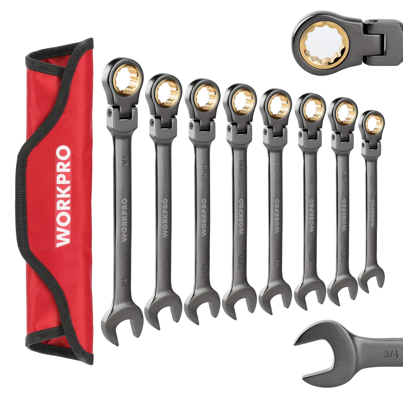 WORKPRO wrench set with red storage bag, multiple dark gray wrenches laid out