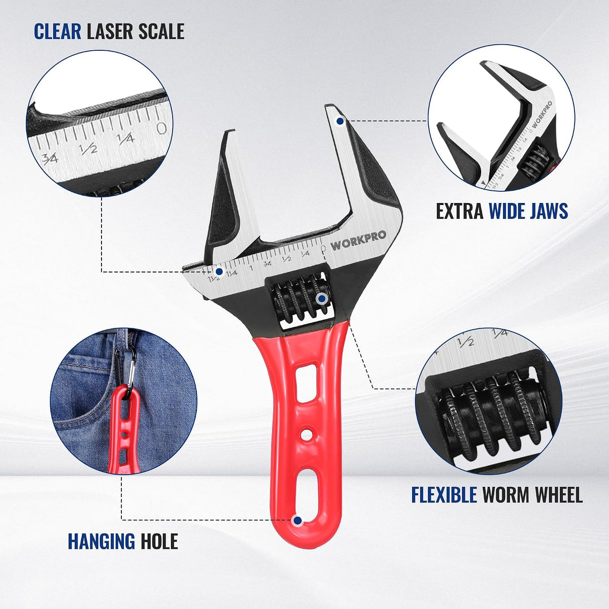 WORKPRO 6" Stubby Adjustable Wrench, 1-5/8" Extra Wide Jaw Opening