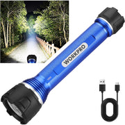 Blue and black rechargeable LED flashlight with USB charging cable, compact handheld design