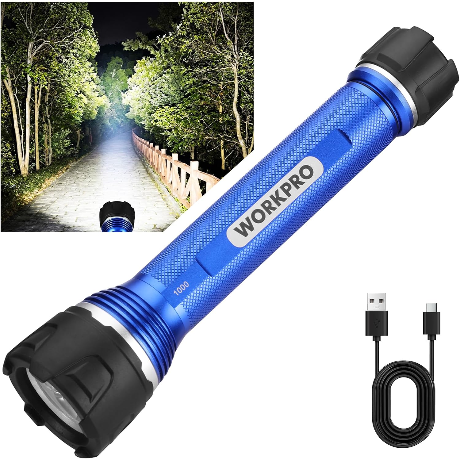 Blue and black rechargeable LED flashlight with USB charging cable, compact handheld design