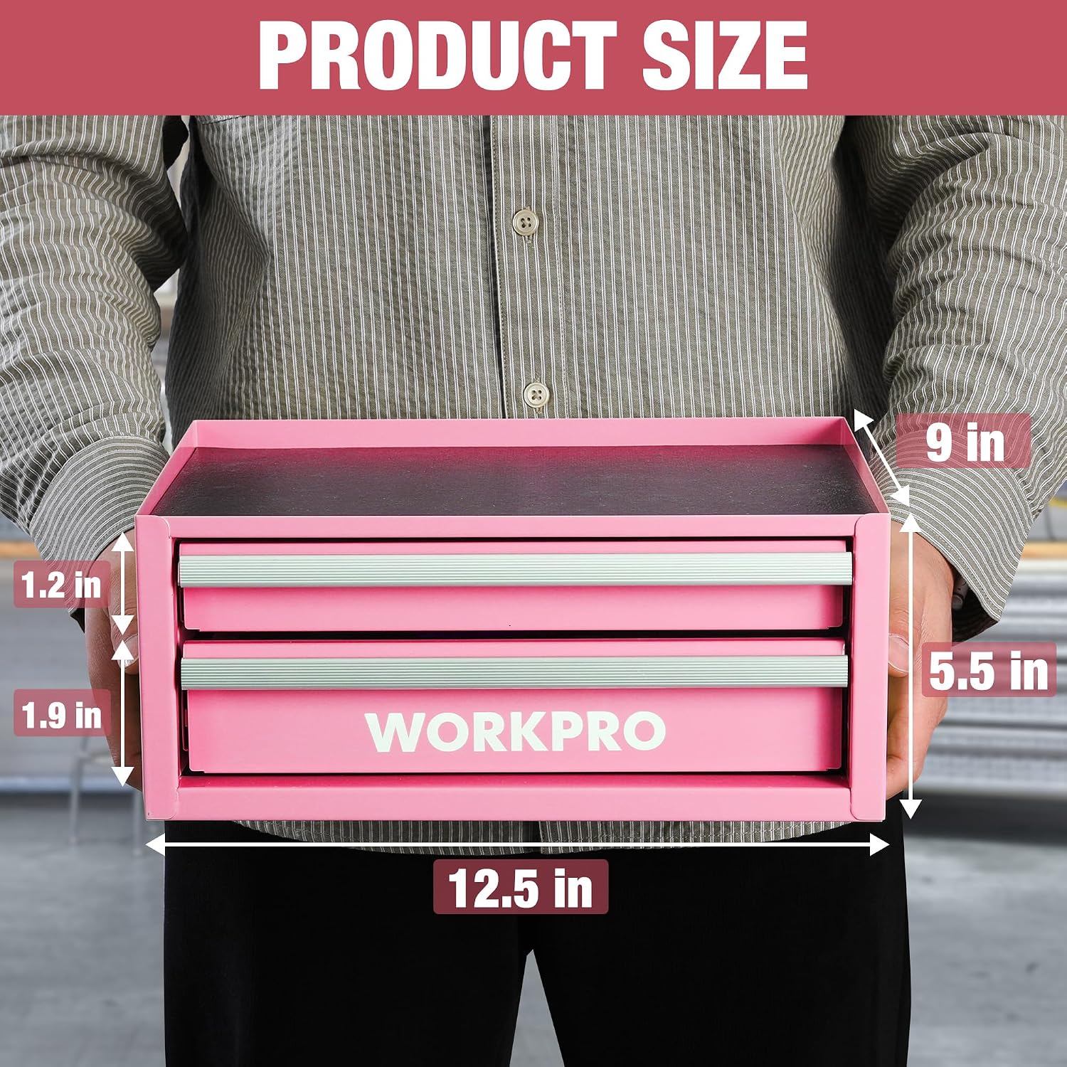 WORKPRO Portable & 12.5" Mini Metal Tool Box, Top Tool Chest Containing Two Drawers - Pink Ribbon