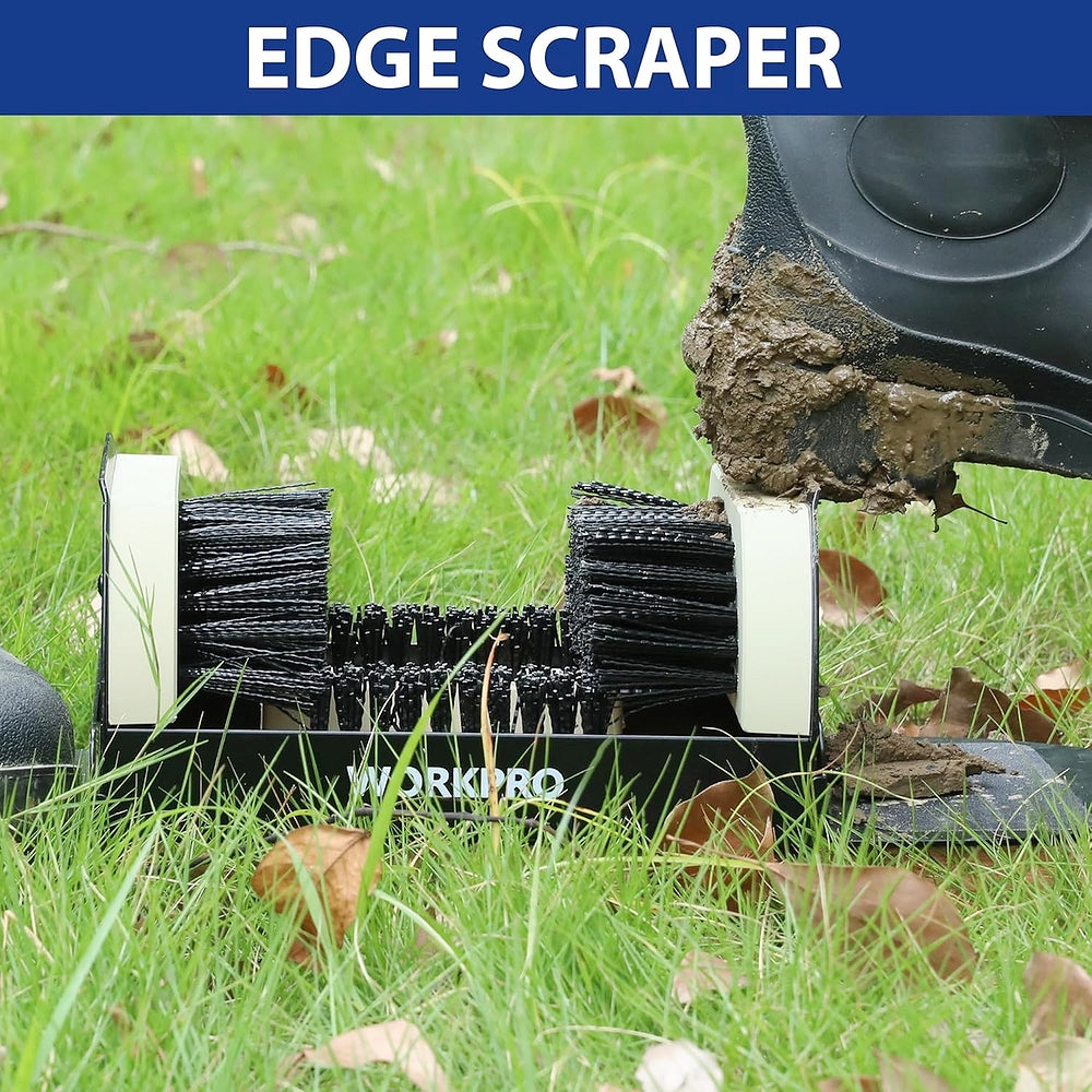 Outdoor boot brush scraper with black bristle heads and angled edge for removing mud