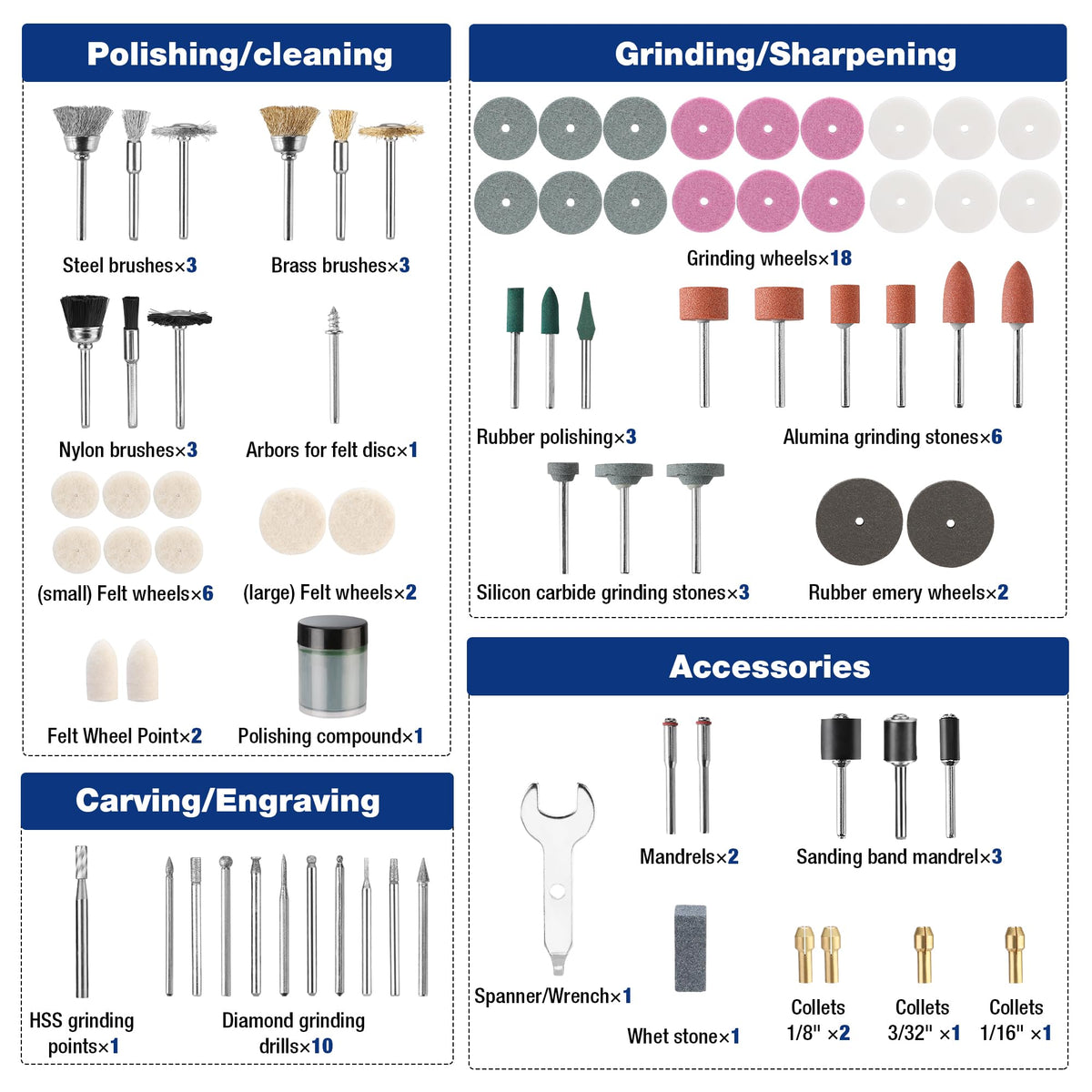 Assorted rotary tool accessories including polishing, grinding, and carving attachments