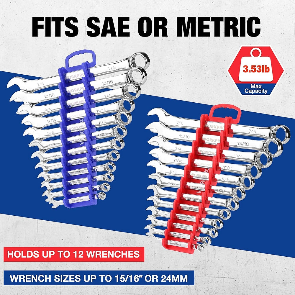 Magnetic wrench holder set holding SAE and metric wrenches on blue and red racks