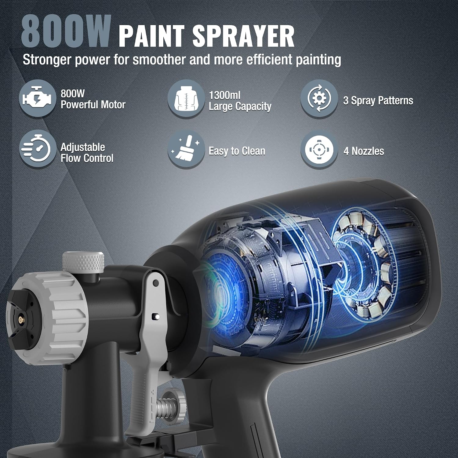 WORKPRO Paint Sprayer 800W HVLP with 3 spray patterns, durable quality and secure adjustable flow control