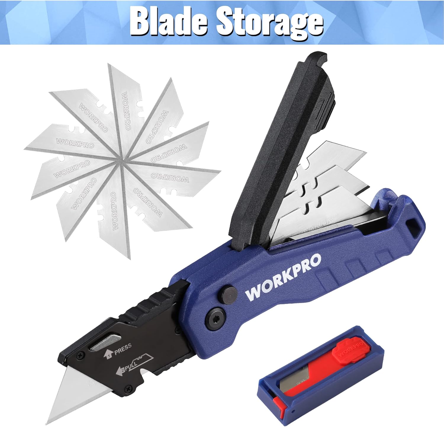 WORKPRO utility knife with blade storage compartment open, blue handle and gray blade