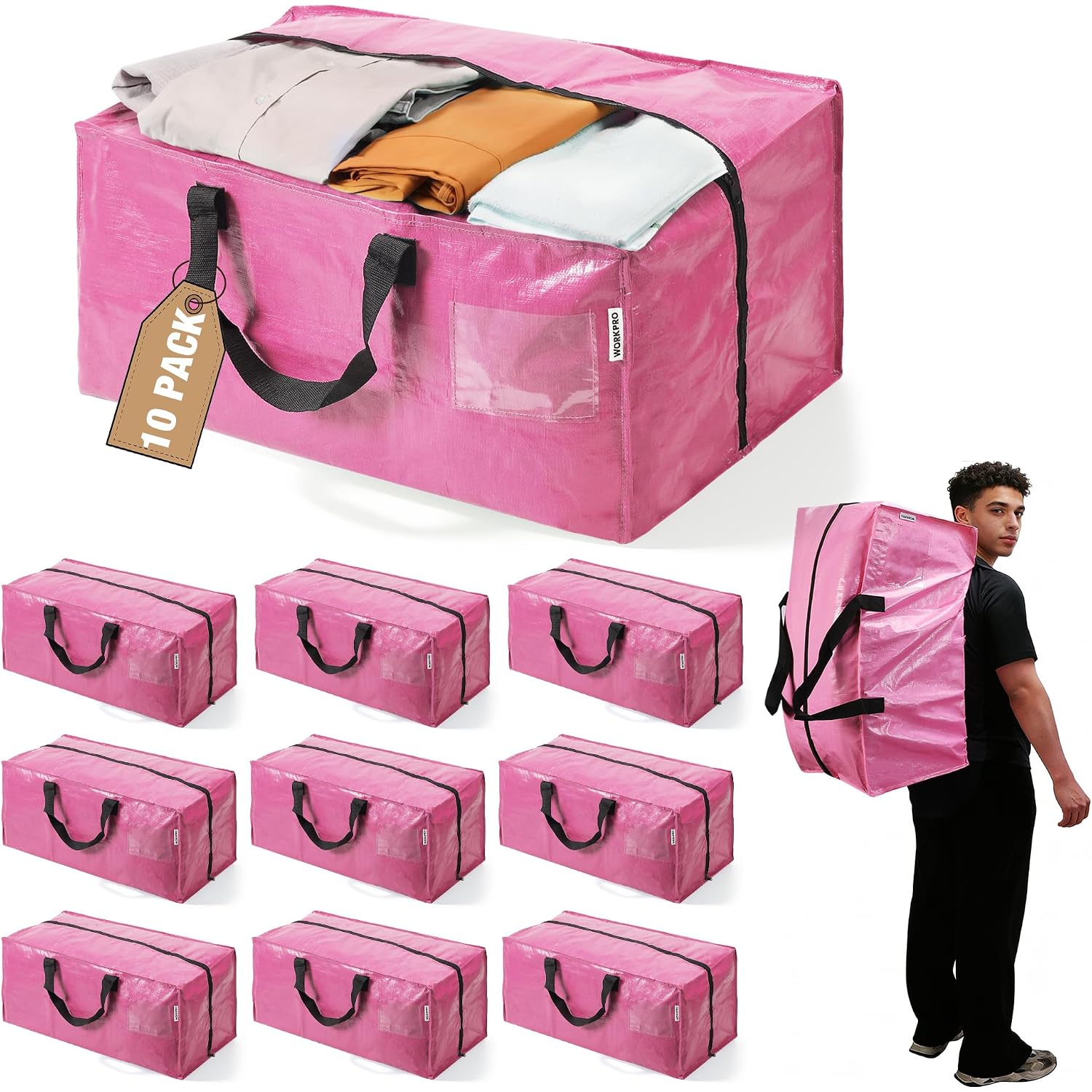 Set of pink extra-large moving bags with black handles and zipper closures.