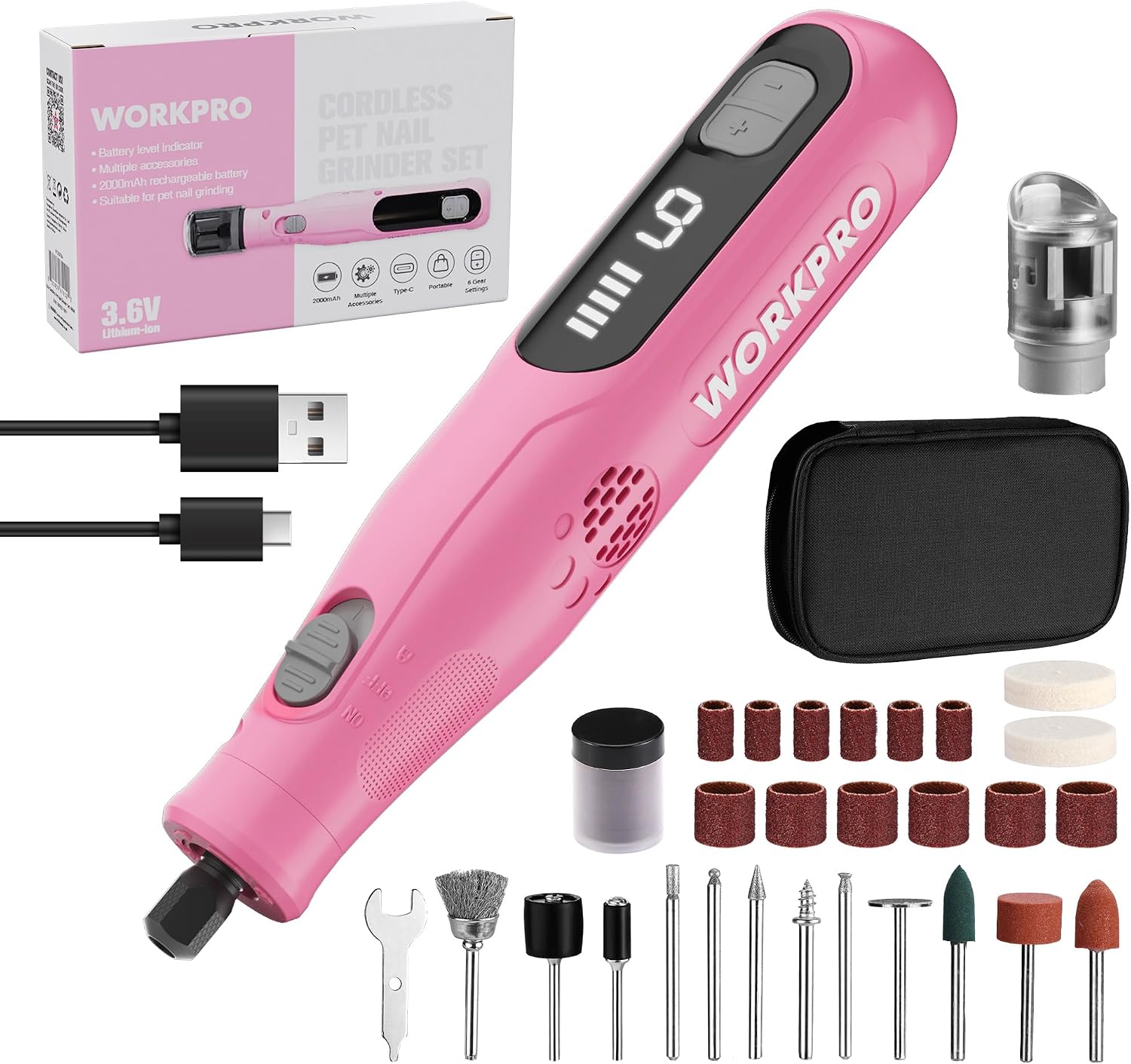 WORKPRO 3.6V Cordless Rotary Tool Kit, 70 Accessories, 6 Variable Speeds, Type-C Rechargeable, Mini Power Rotary Tool for Engraving, Sanding, Polishing and Pet Nail Grooming