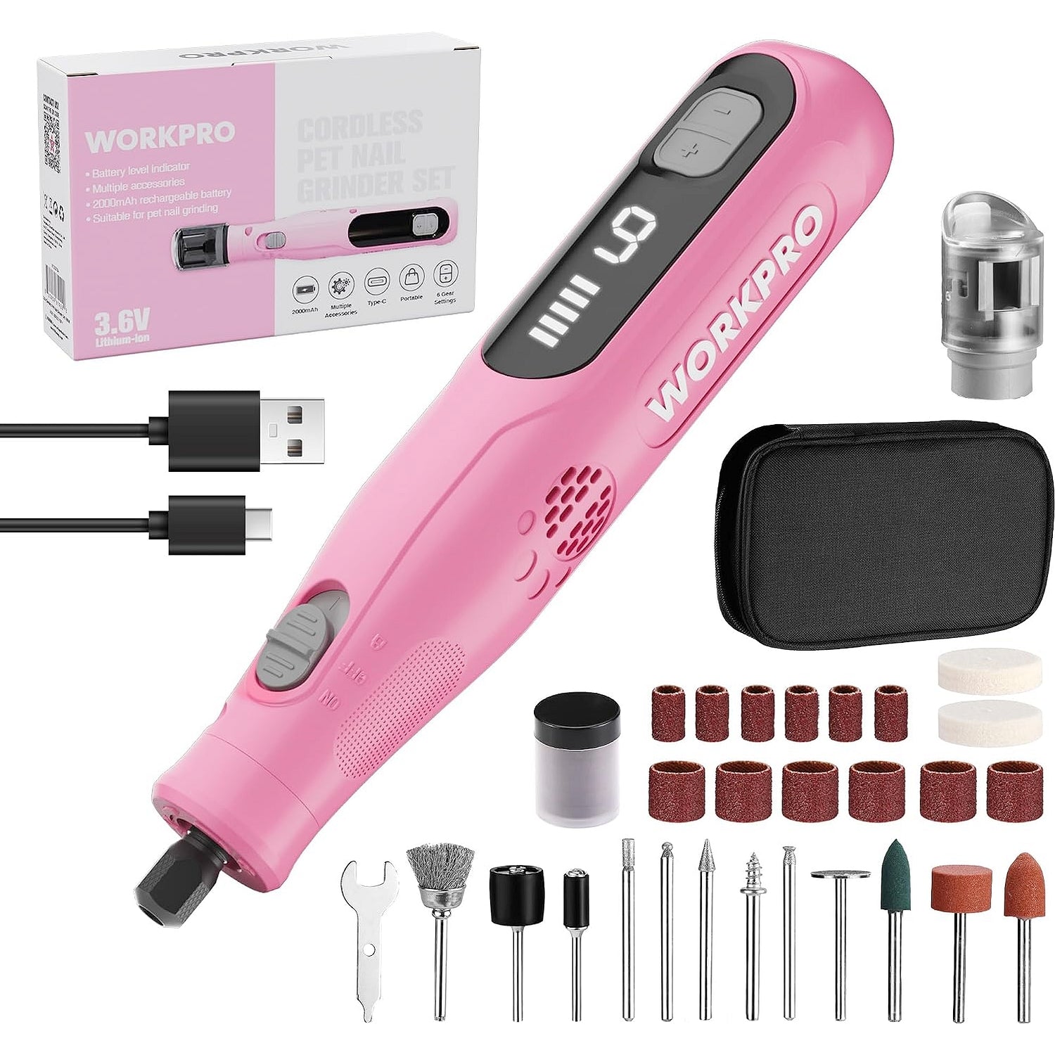 WORKPRO 3.6V cordless rotary tool kit in pink with secure spindle lock, innovation and quality