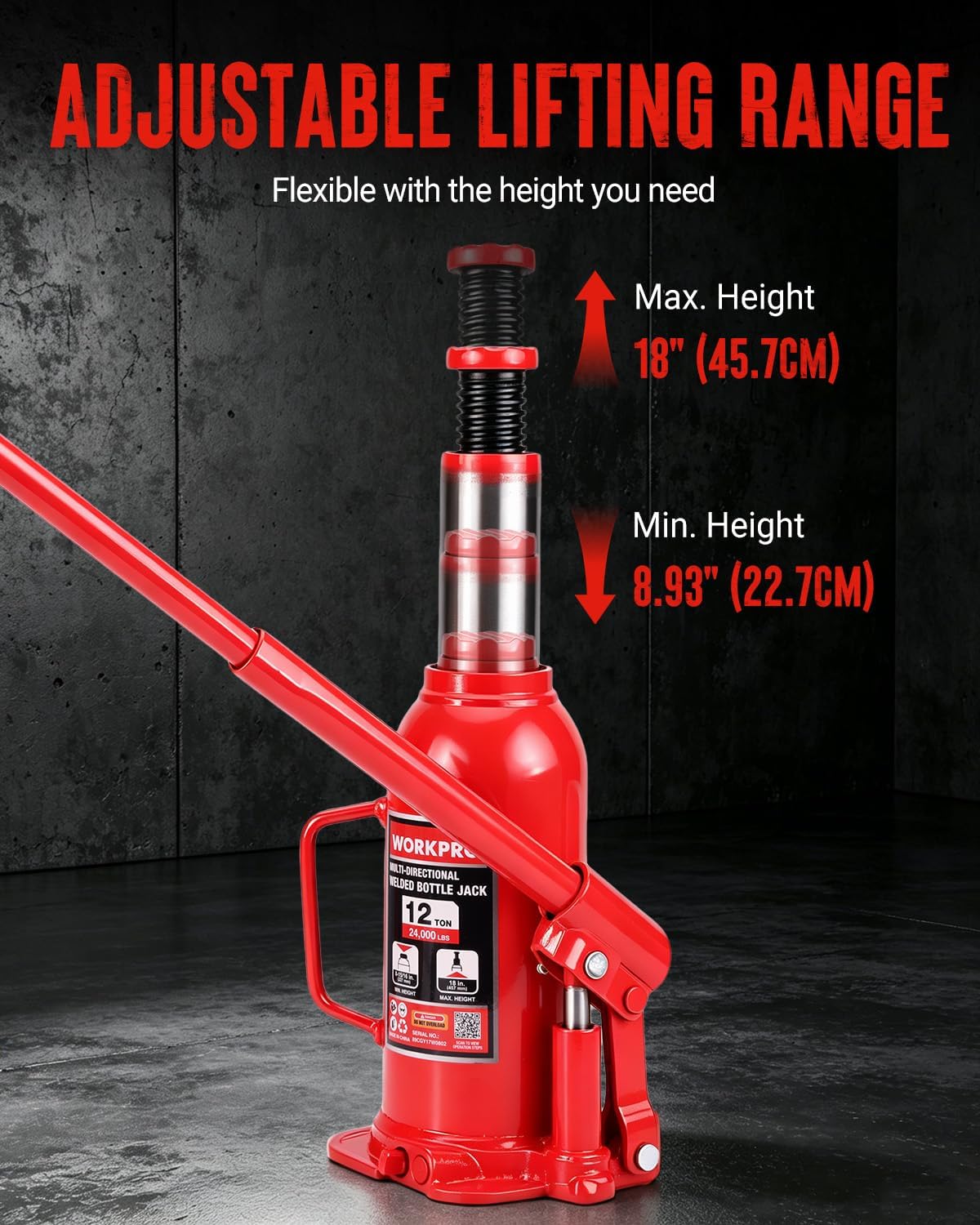 WORKPRO Bottle Jack, 12 Ton Heavy Duty Multi-Directional Welded Bottle Jack