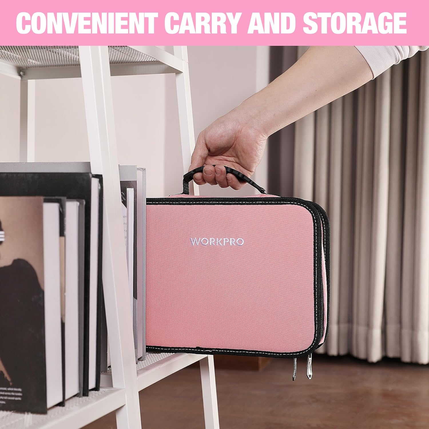 Pink WORKPRO tool pouch with zipper closure, held for convenient carry