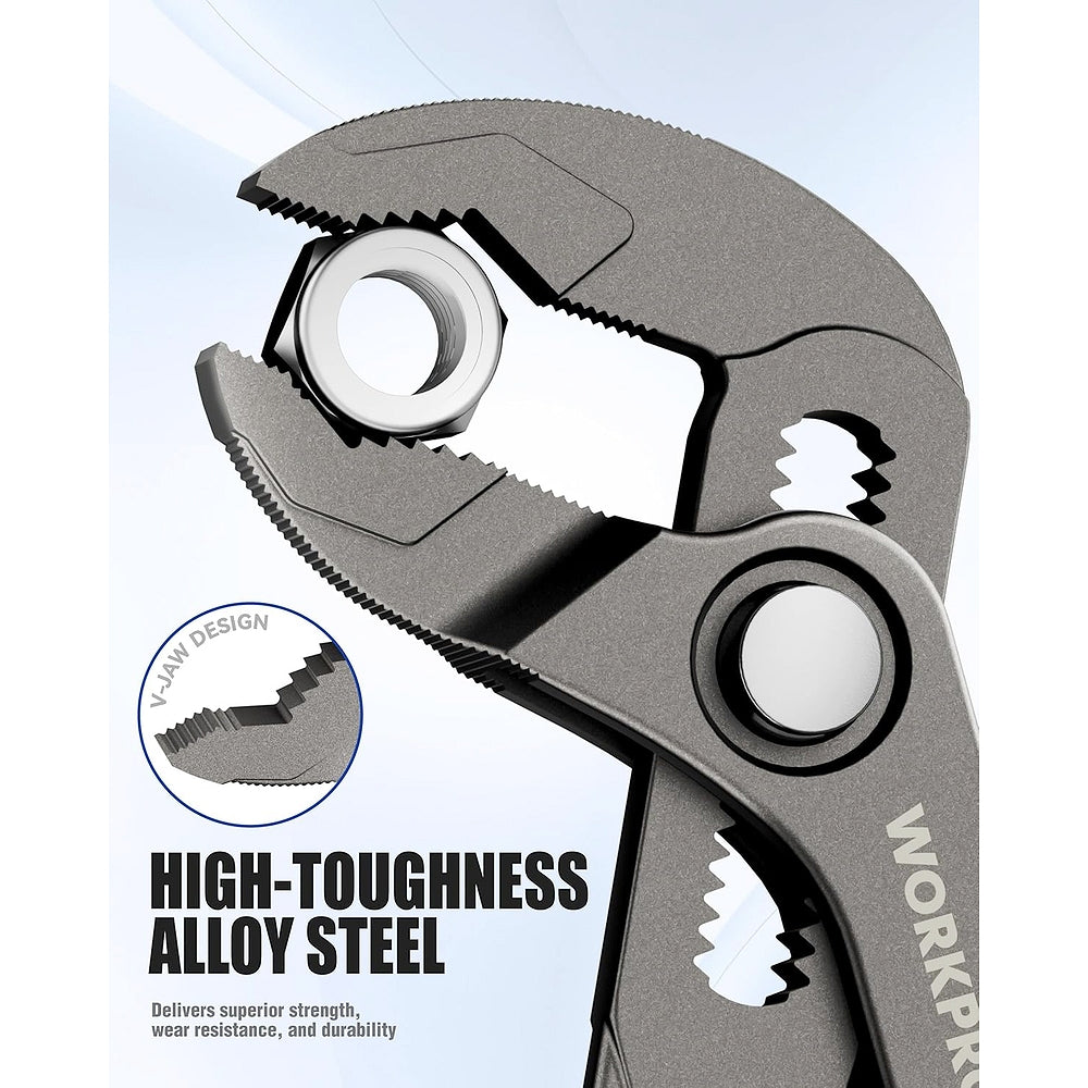 Grey WORKPRO mini water pump pliers close-up of serrated jaw faces and pivot ring
