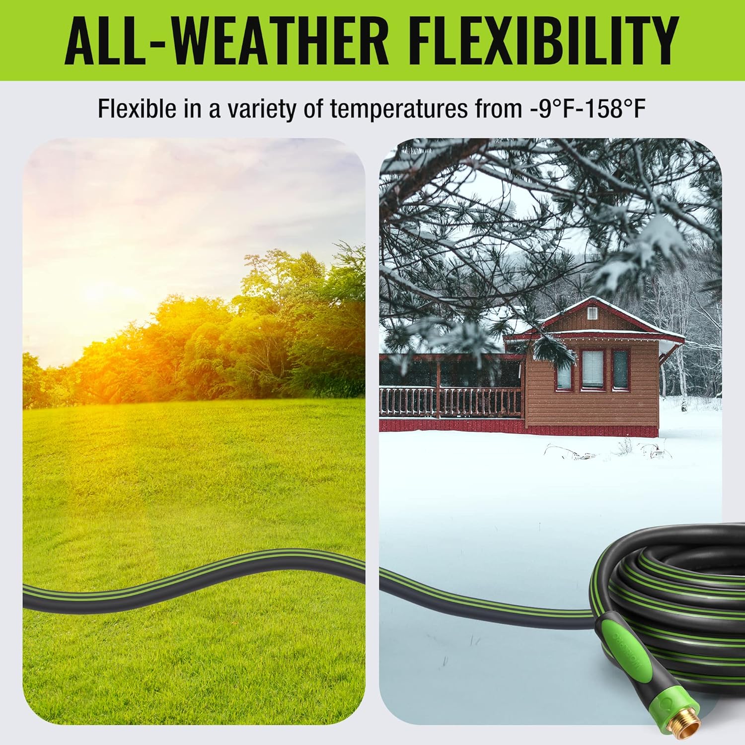 Green-striped garden hose with brass spray connector, laid out for use