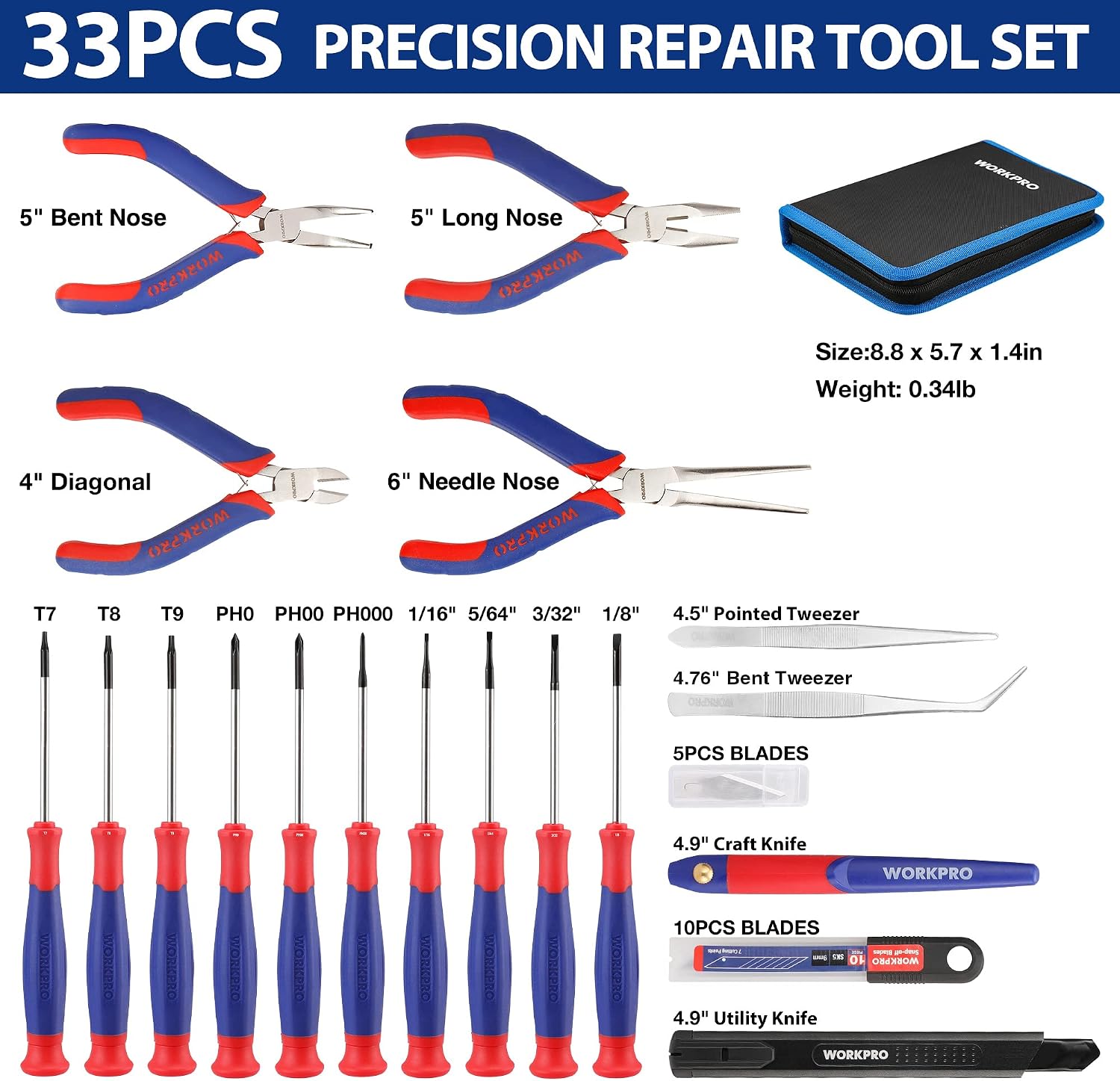 WORKPRO 33 Pcs Precision Repair Tool Set Includes Pliers Set, Blue