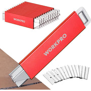 Red WORKPRO retractable box cutter extended with extra razor blades beside it