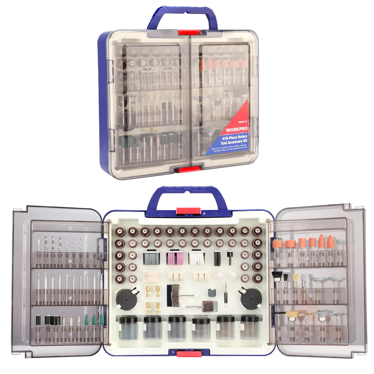 Rotary tool accessory kit storage case with assorted mounted attachments