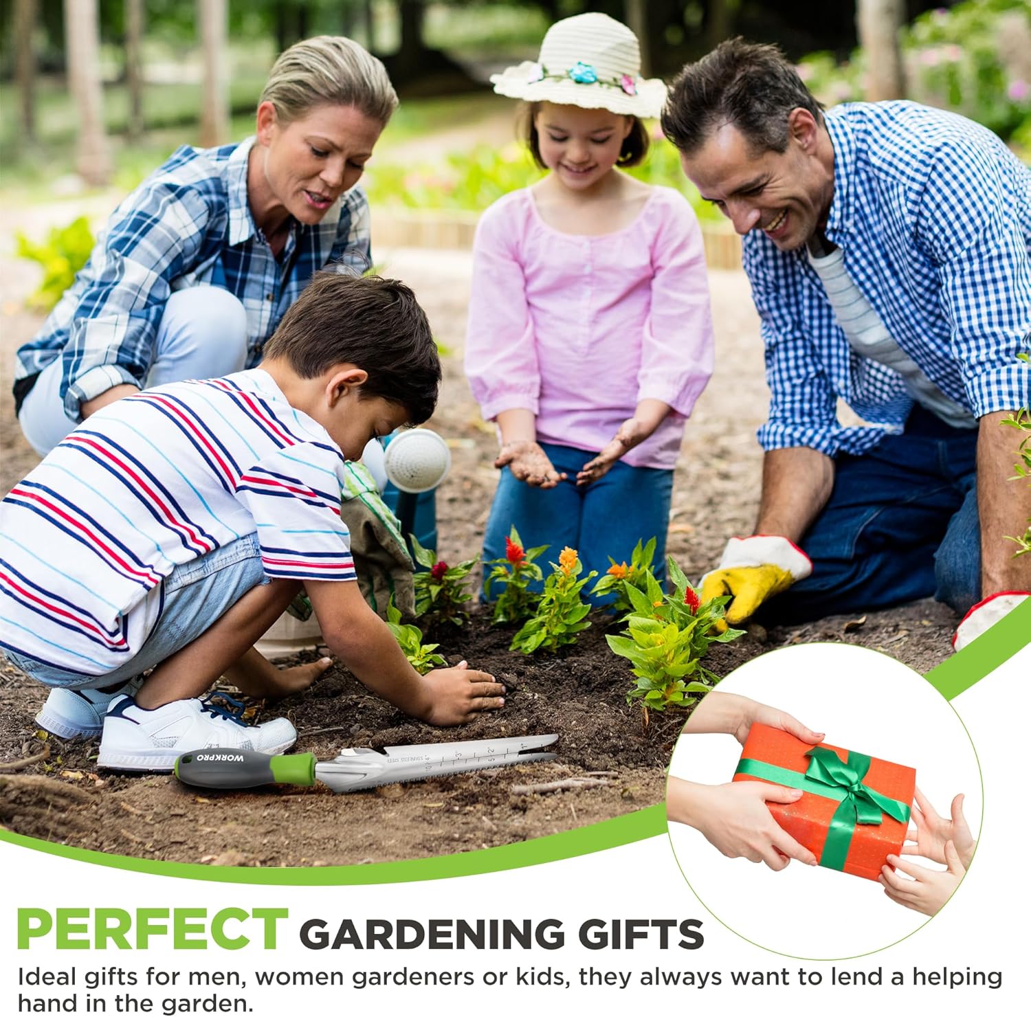Hand weeding tool with stainless blade and green-and-gray handle in garden planting