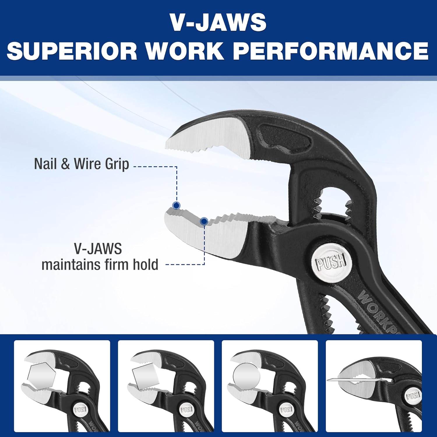 V-jaw water pump pliers with textured grip and push-lock button, black jaws for nails