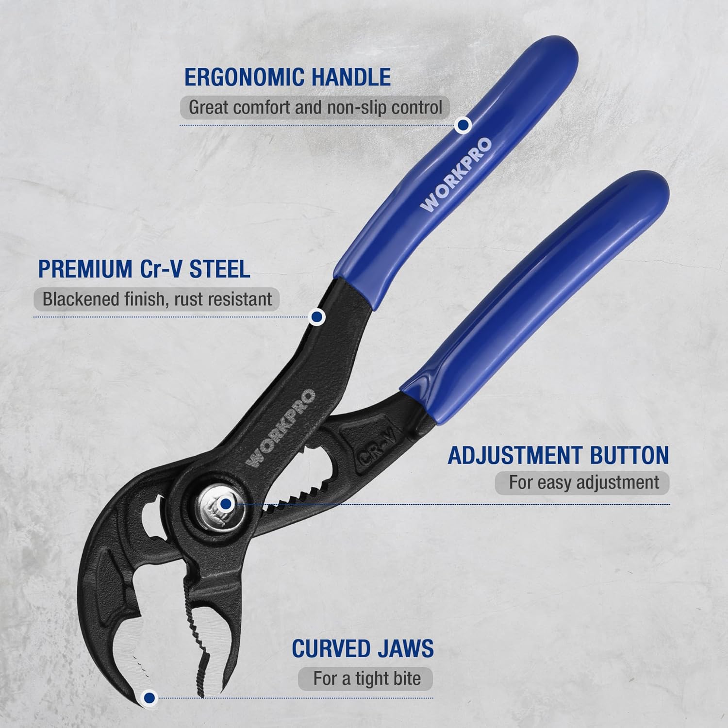 Black and blue water pump pliers with ergonomic grip, curved jaws, and push adjustment button