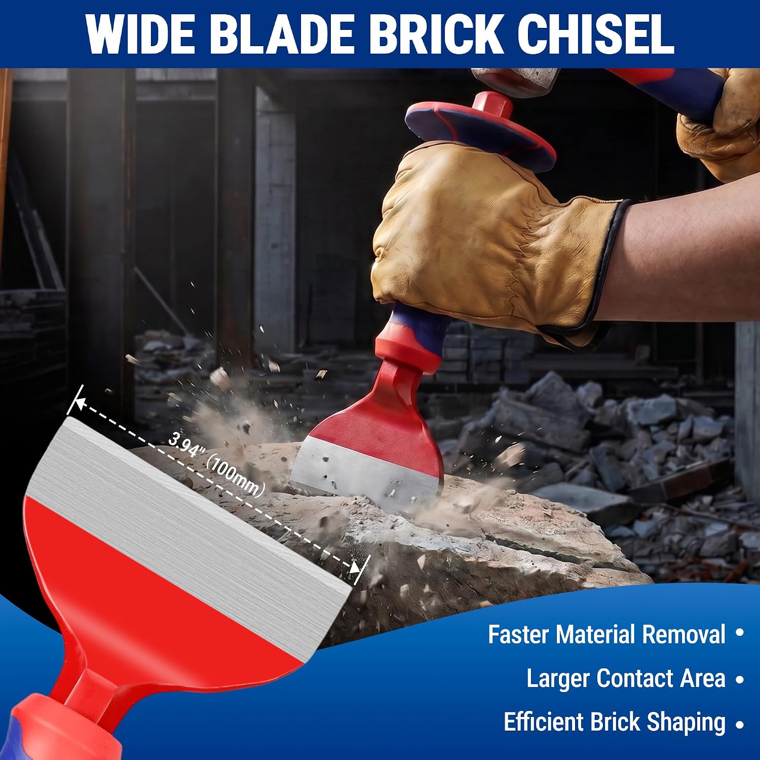 WORKPRO wide blade brick chisel set with protective hand guard, red and silver, shown in use on stone and concrete
