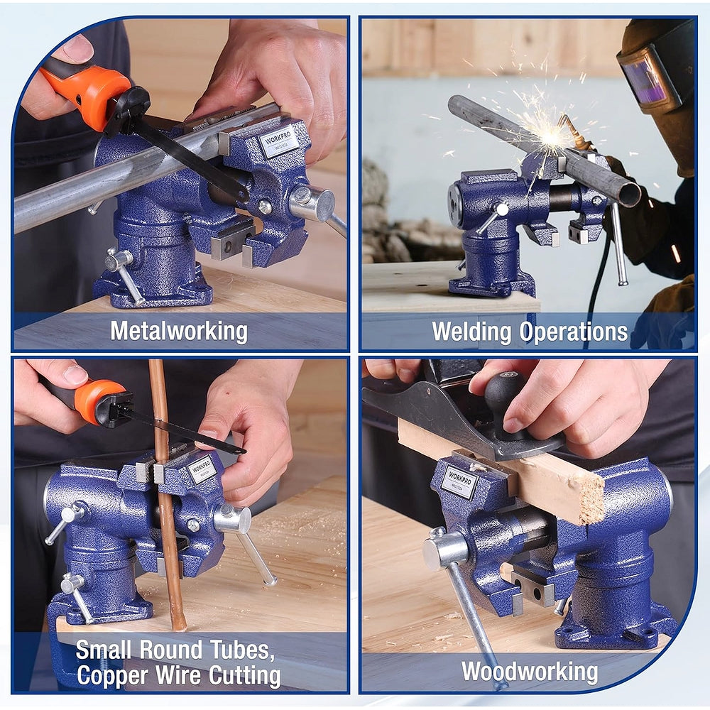 Blue bench vise clamping workpieces with adjustable crank handle
