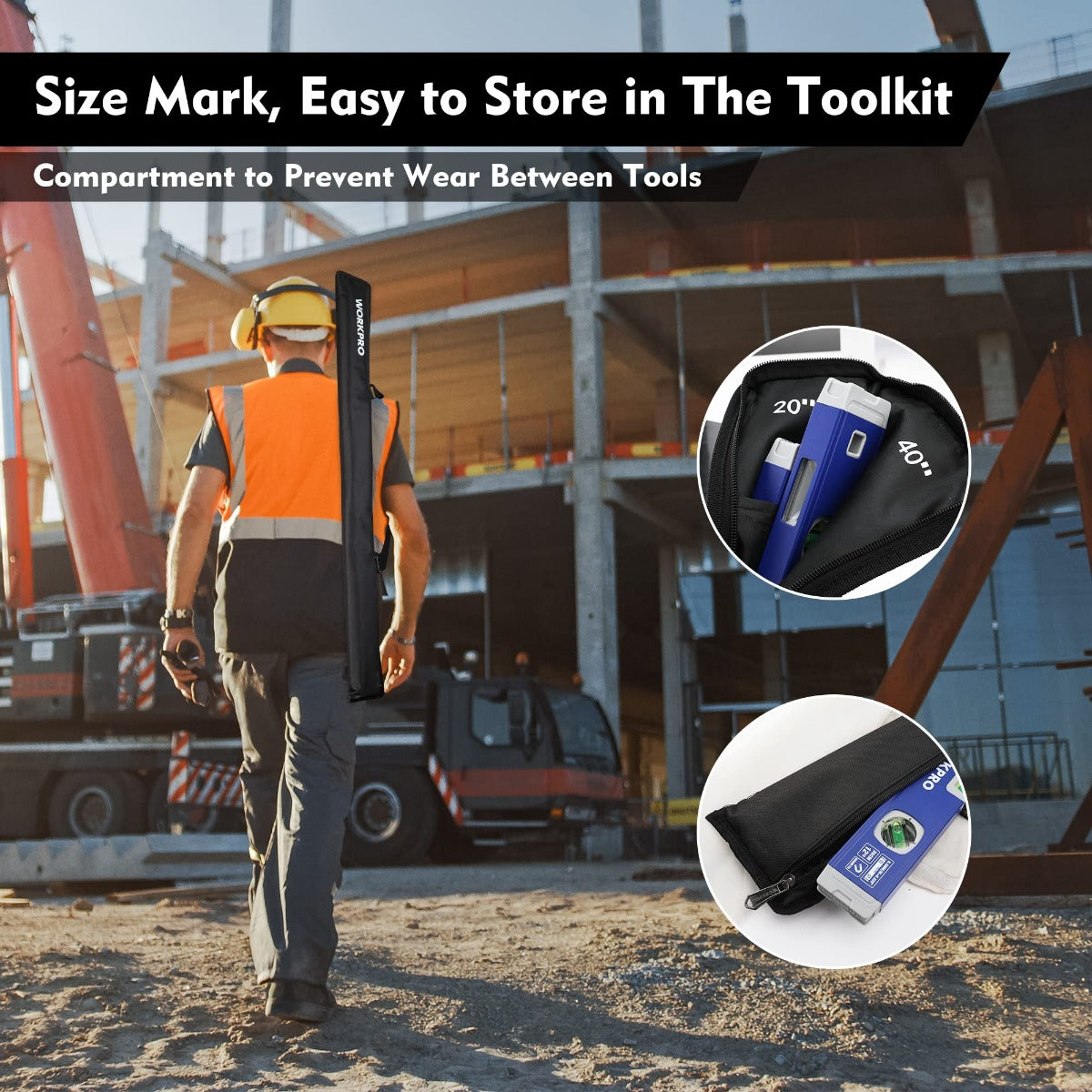 Carpenter carrying the blue spirit level set in a black tool bag
