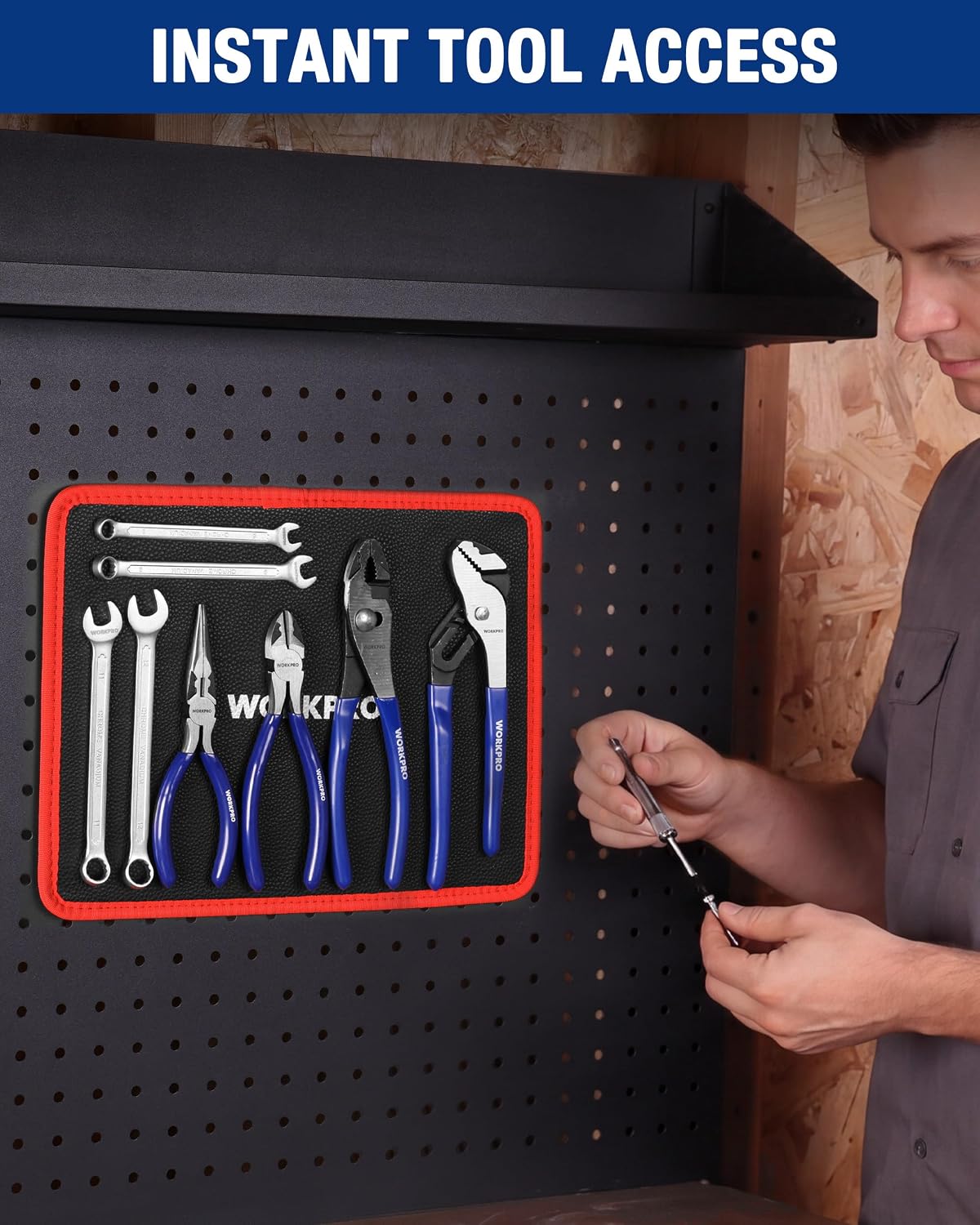 Flexible magnetic tool tray mounted on pegboard, holding tools; black with red border.