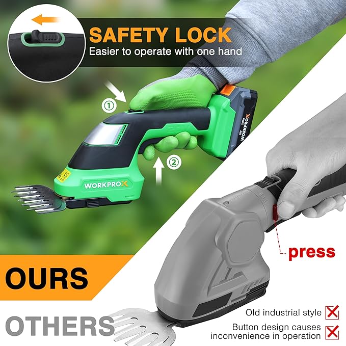 Cordless trimmer with safety lock and rear handle button for one-hand operation