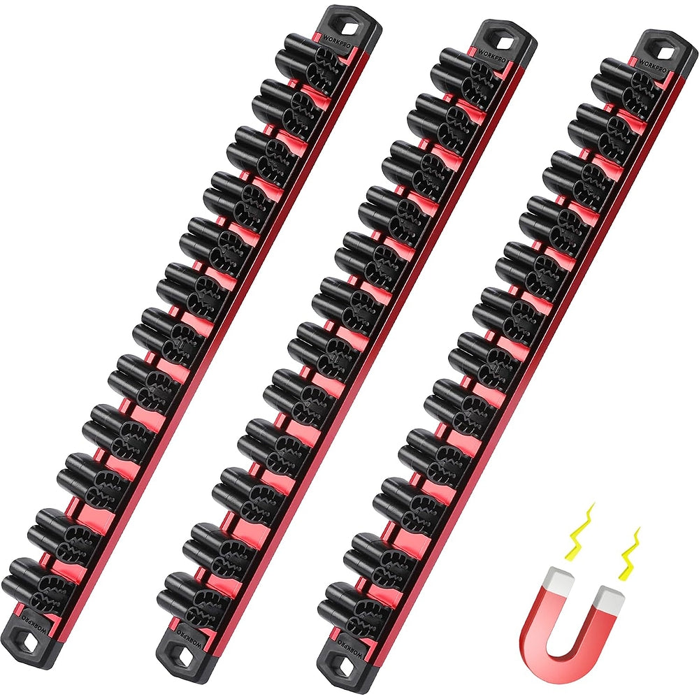 Three magnetic tool organizer rails with red base and black clip holders
