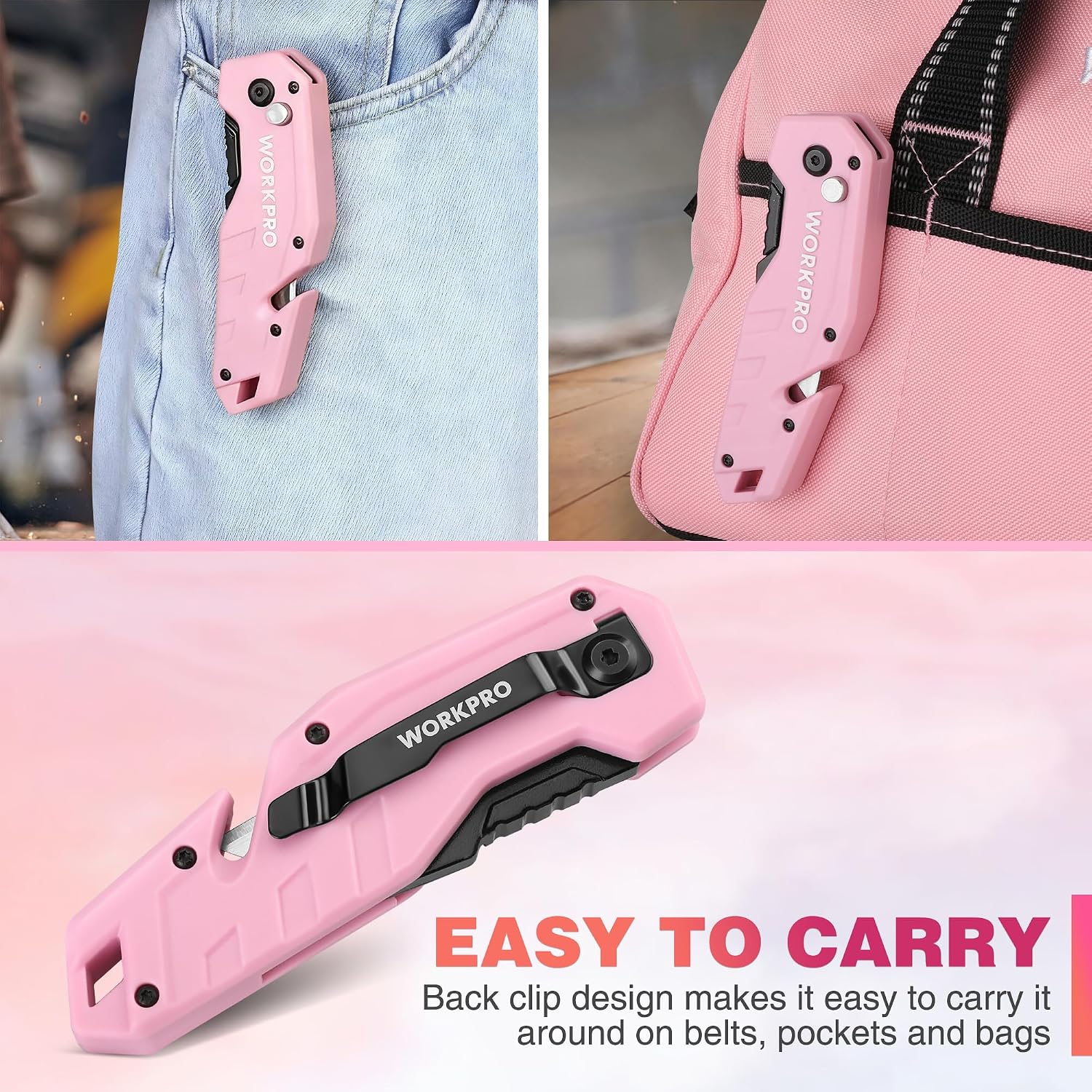 WORKPRO Folding Utility Knife with 10 Extra Blades - Pink Ribbon