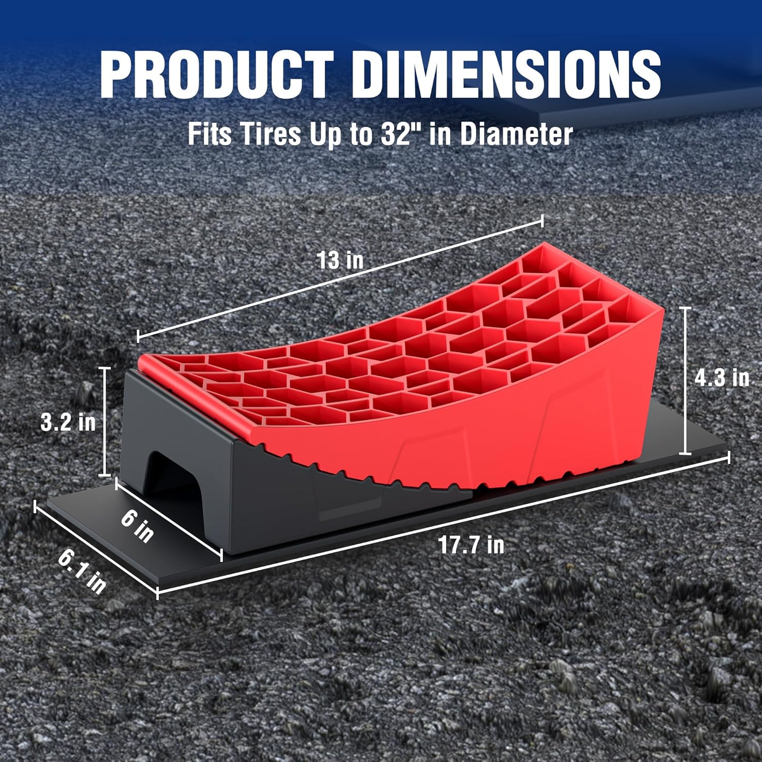 Red RV leveling block with size markings, 17.7 in length and 4.3 in height