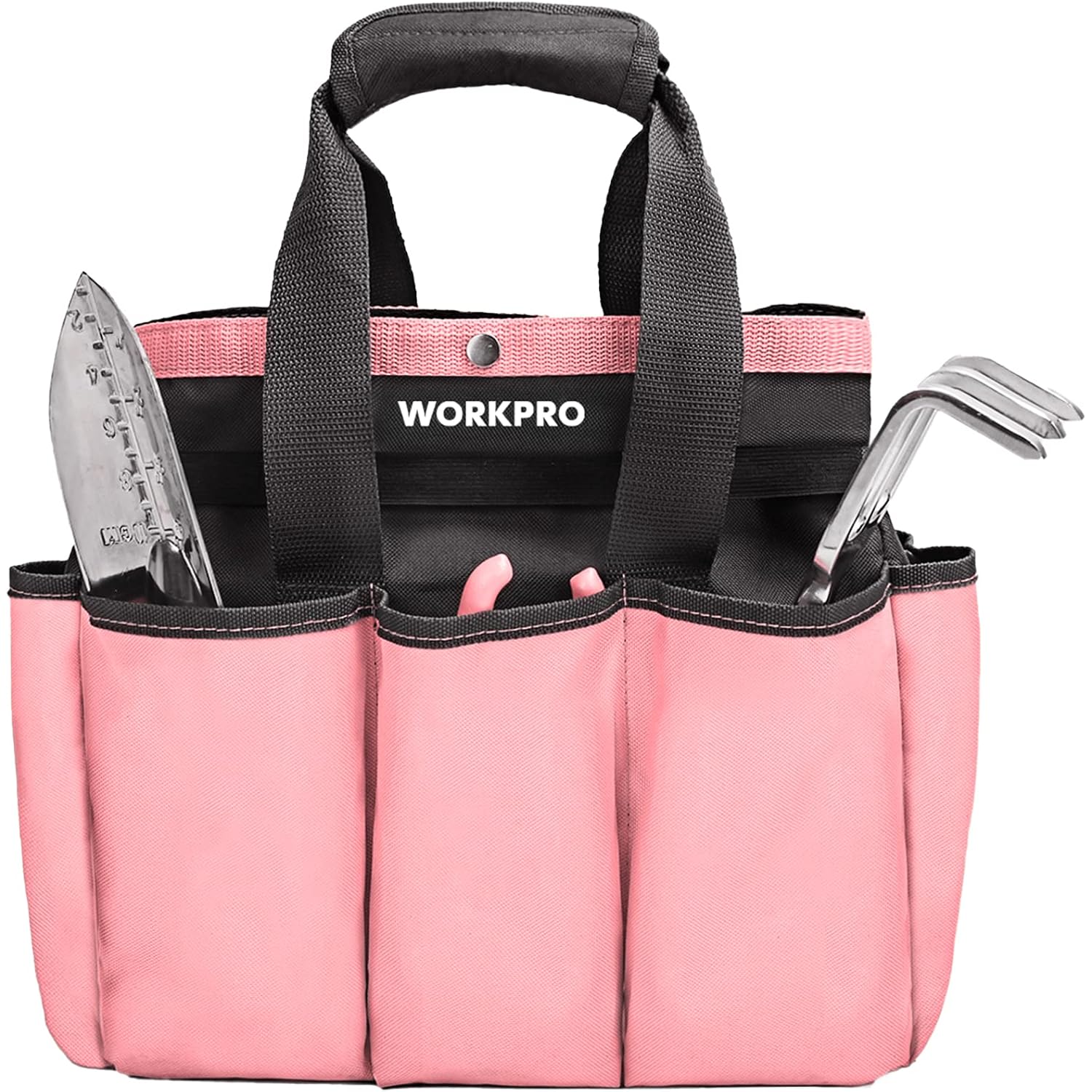 WORKPRO garden tool tote bag in pink with two handles and front organizer pockets