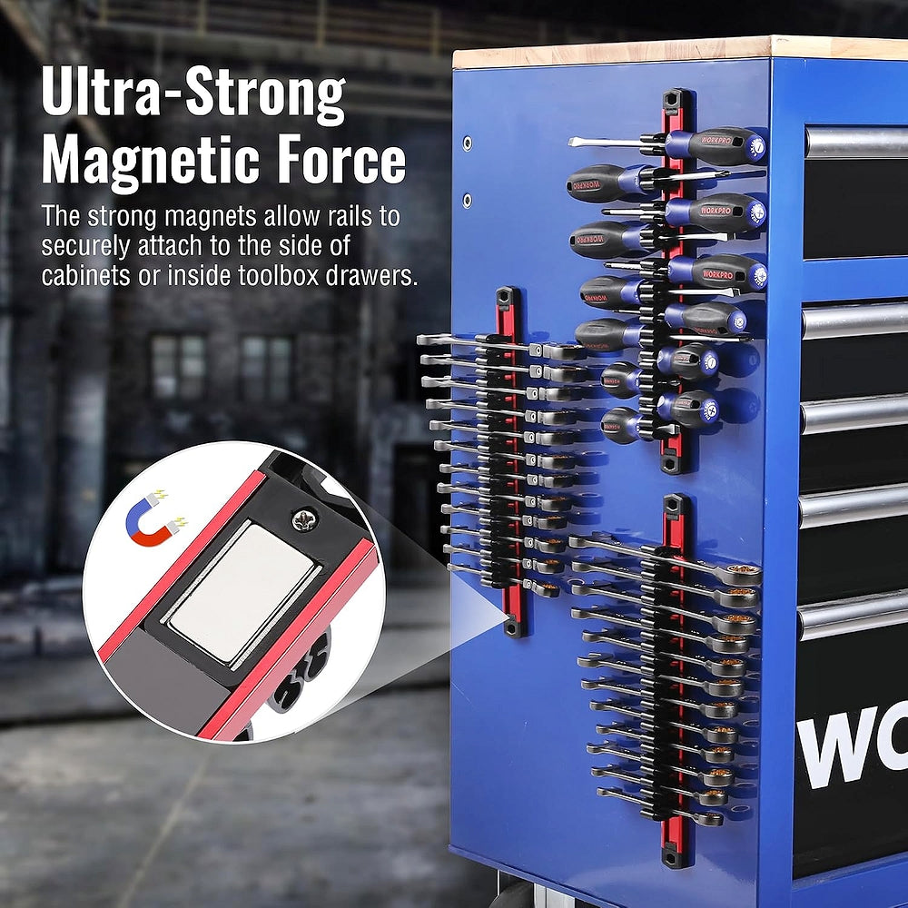 Magnetic tool holder rack with strong magnetic backing for attaching to toolbox sides